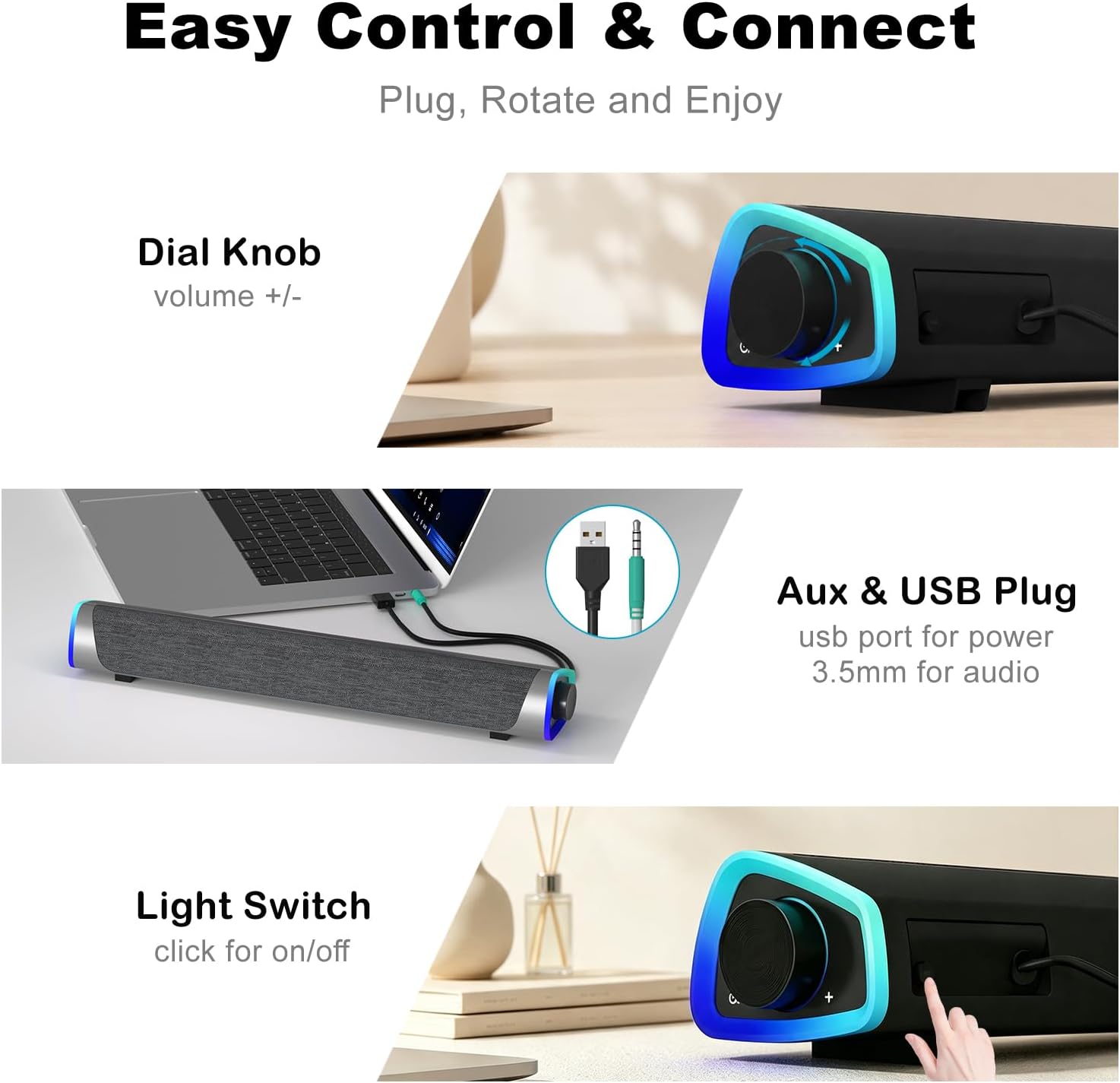 PARLANTES PARA COMPUTADORA SOULION R30 USB CON CABLE AUXILIAR 3.5MM BLANCO Y GRIS - 5