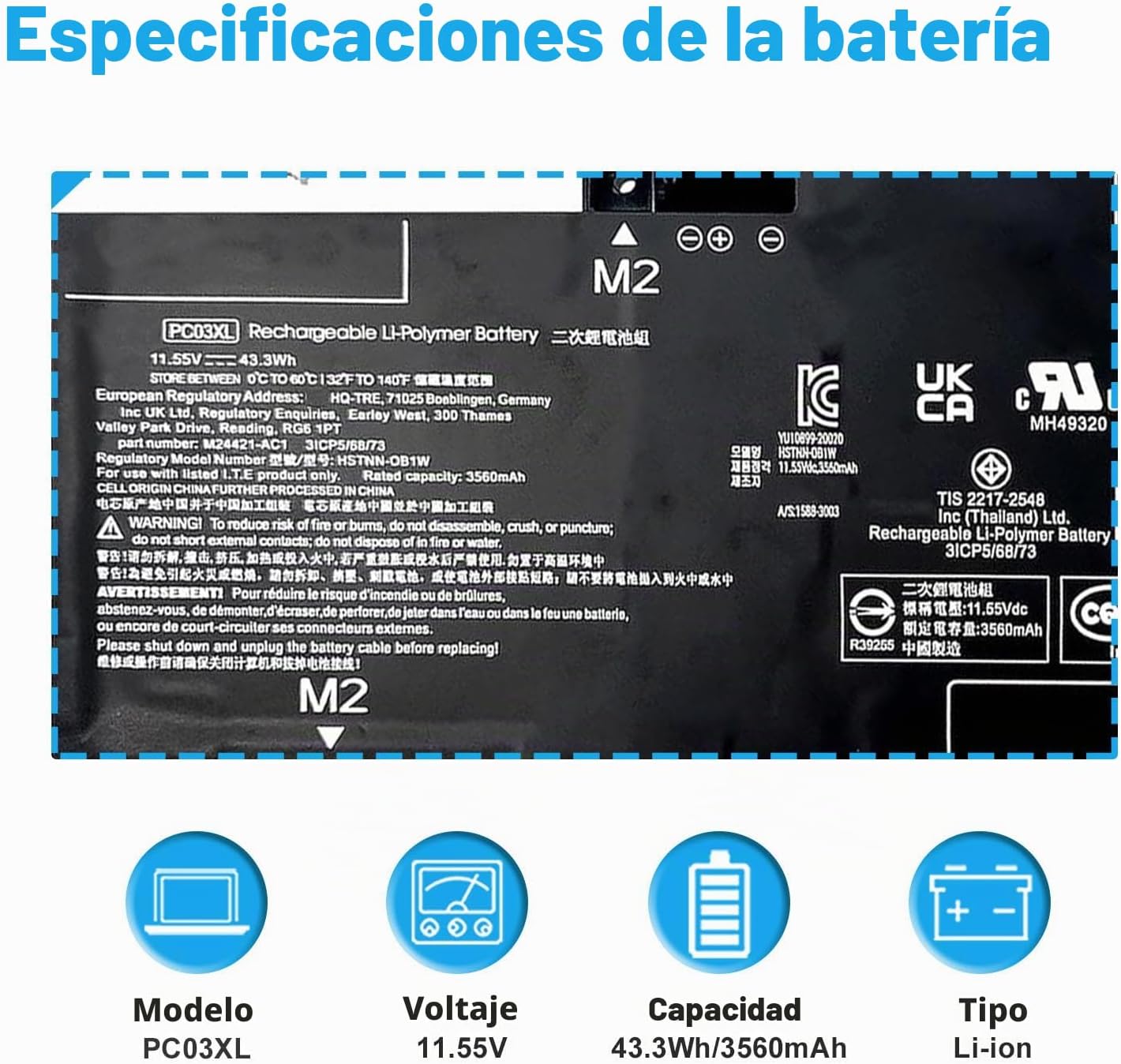 BATERÍA PARA LAPTOP BOWEIRUI PC03XL 43.3WH 11.55V LI-ION COMPATIBLE HP PAVILION X360 14 - 2