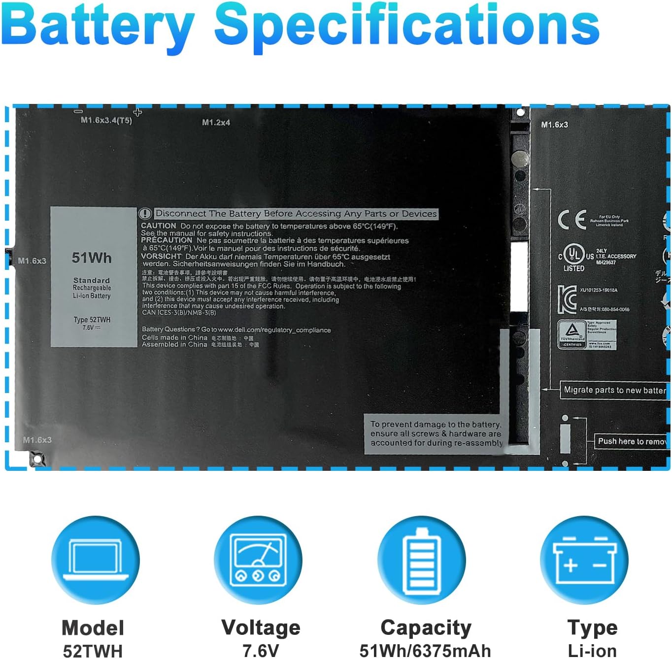 BATERÍA PARA LAPTOP BOWEIRUI 52TWH PARA DELL XPS 13 7390 2-EN-1 - 3