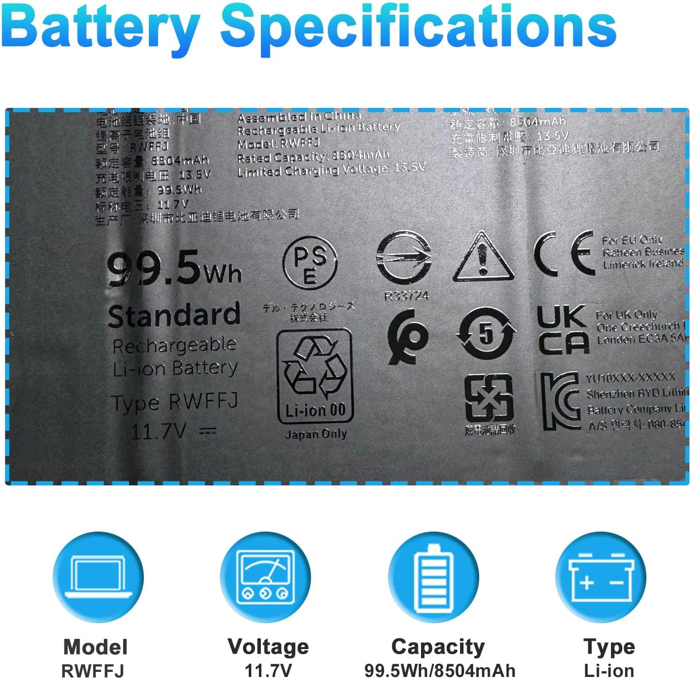 BATERÍA PARA LAPTOP BOWEIRUI RWFFJ PARA DELL XPS 16 9640 2024 - 2