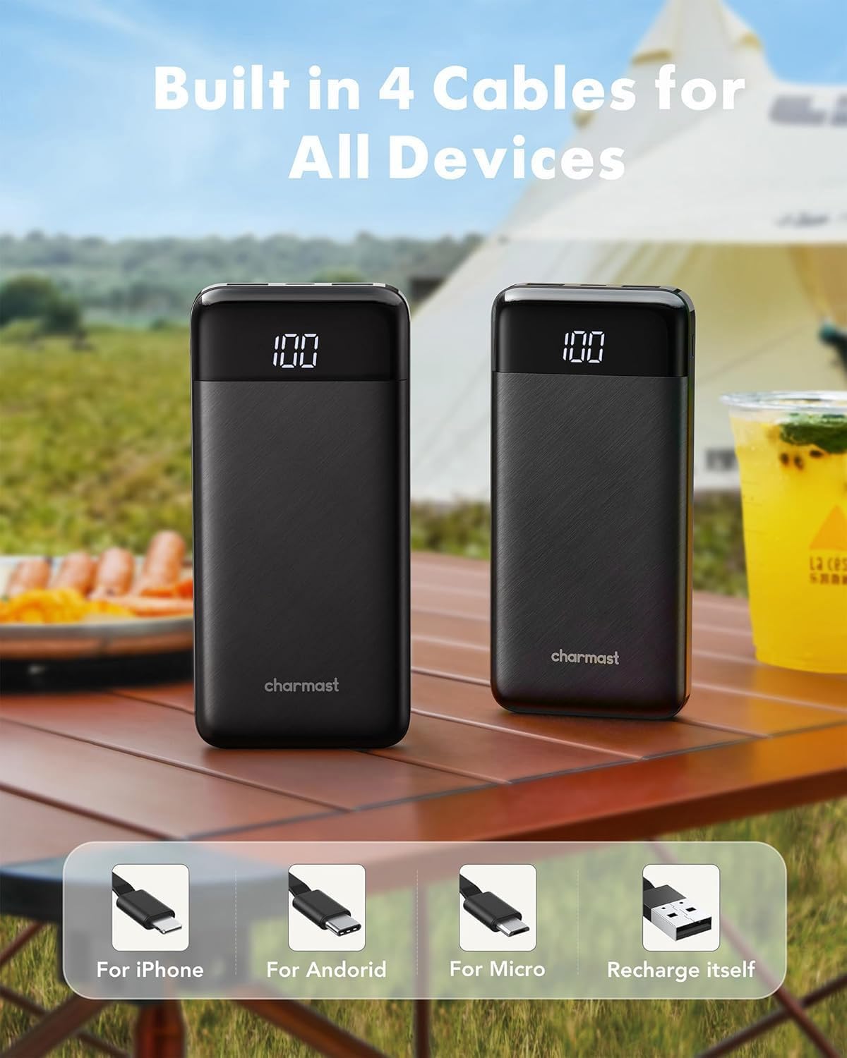BATERÍA EXTERNA CHARMAST POWER BANK 10000MAH CON 4 CABLES INTEGRADOS REFORZADOS - 2