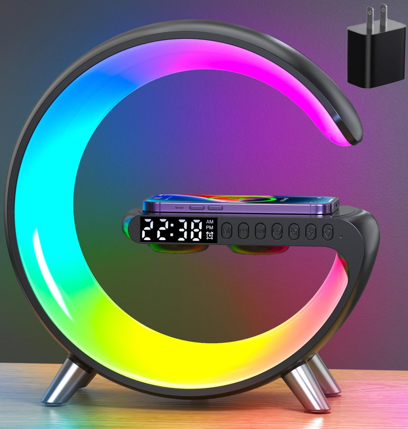 LÁMPARA DE MESA ALYNIC SMART LED CON CARGADOR INALÁMBRICO 15W, ALTAVOZ BLUETOOTH Y RELOJ DESPERTADOR - 1
