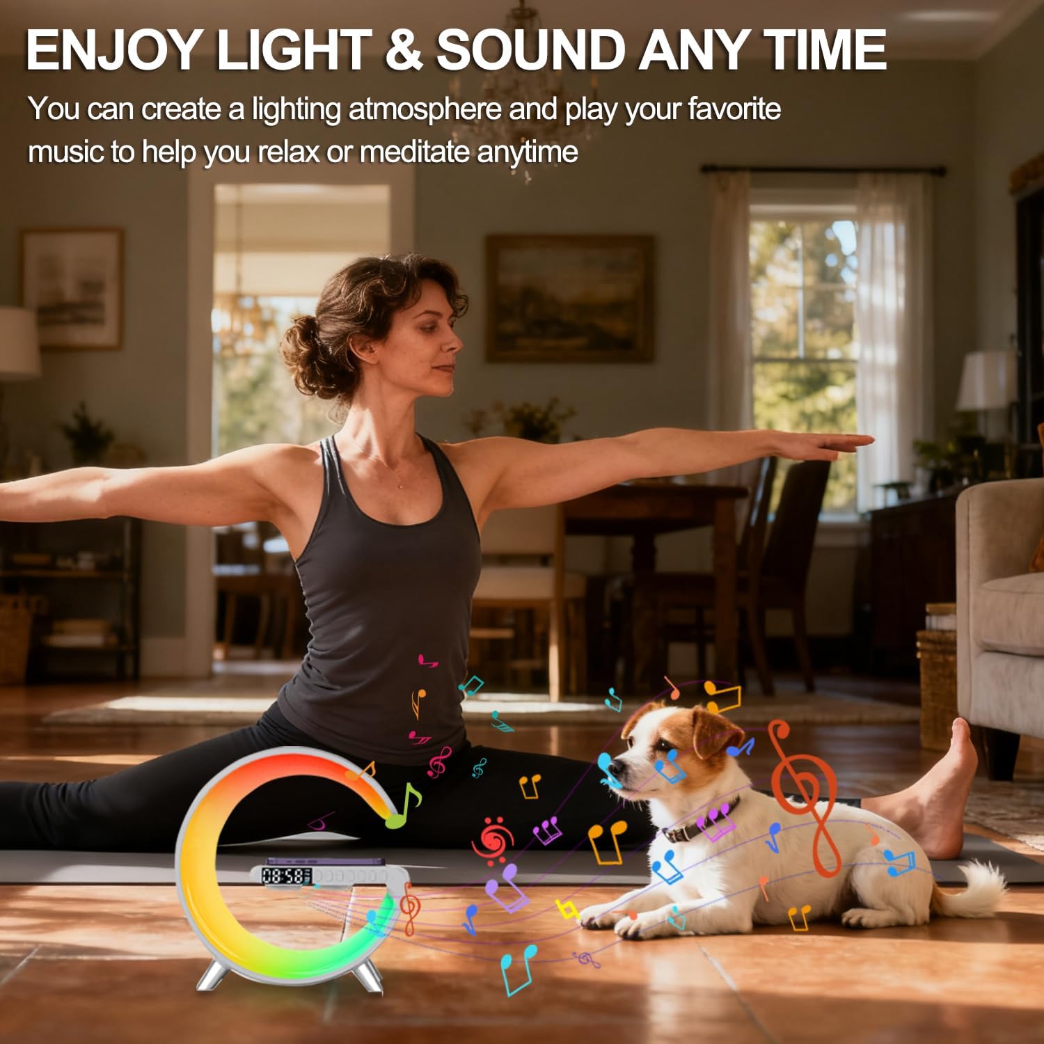 LÁMPARA DE MESA ALYNIC SMART LED CON CARGADOR INALÁMBRICO 15W, ALTAVOZ BLUETOOTH Y RELOJ DESPERTADOR - 2