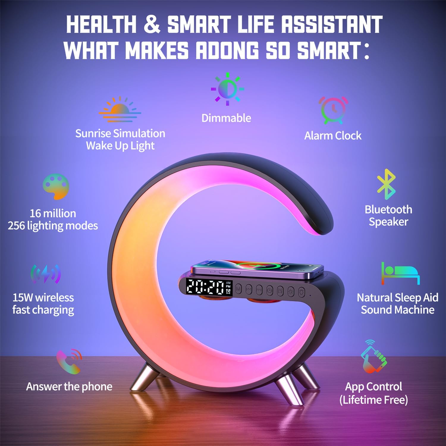 LÁMPARA DE MESA ALYNIC SMART LED CON CARGADOR INALÁMBRICO 15W, ALTAVOZ BLUETOOTH Y RELOJ DESPERTADOR - 4