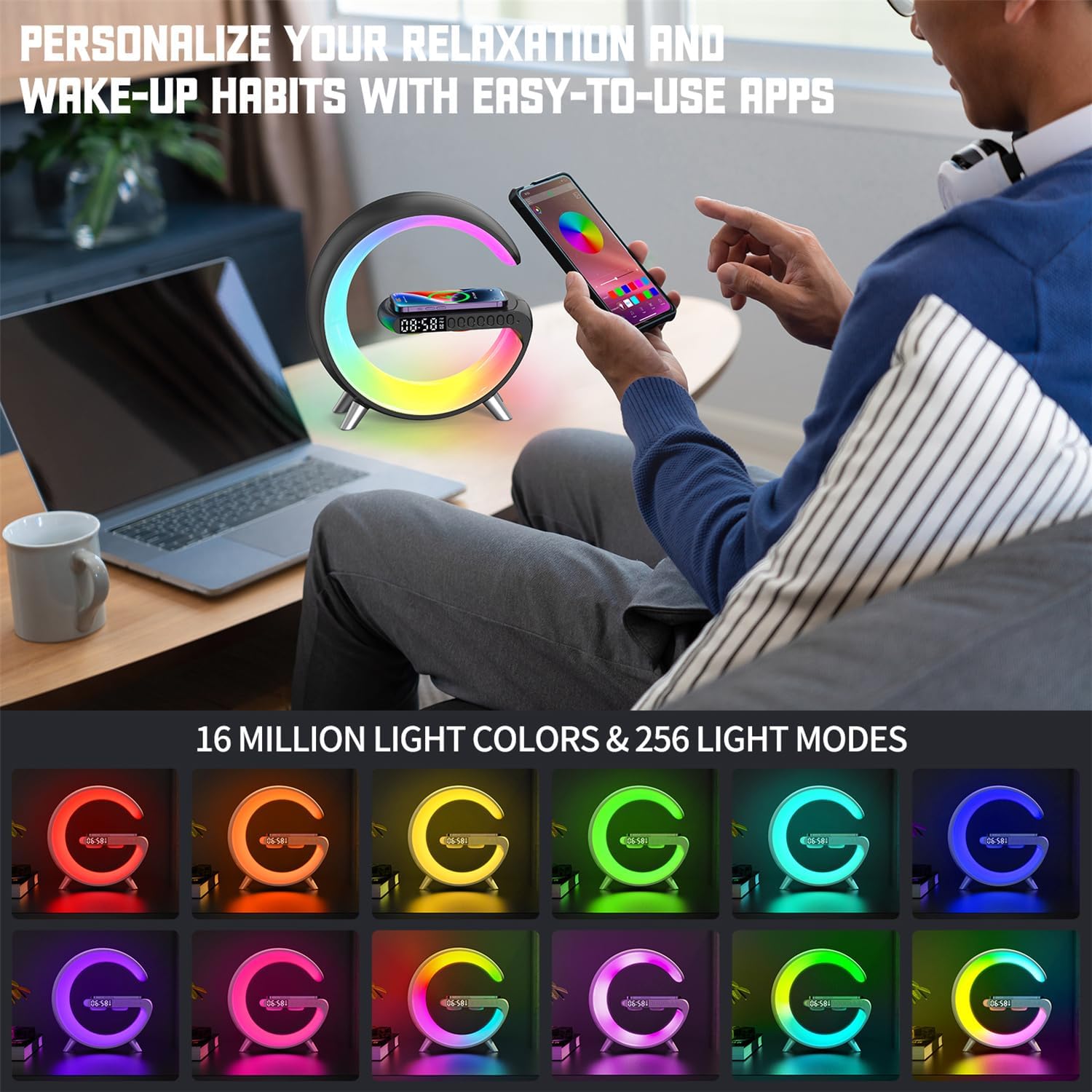 LÁMPARA DE MESA ALYNIC SMART LED CON CARGADOR INALÁMBRICO 15W, ALTAVOZ BLUETOOTH Y RELOJ DESPERTADOR - 5