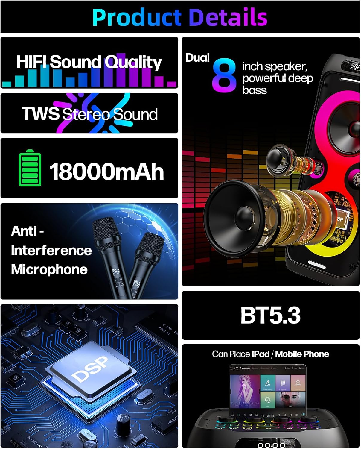MÁQUINA DE KARAOKE JAPOUCA CON PARLANTE BLUETOOTH PORTÁTIL Y DOBLE WOOFER DE 8 PULGADAS - 3