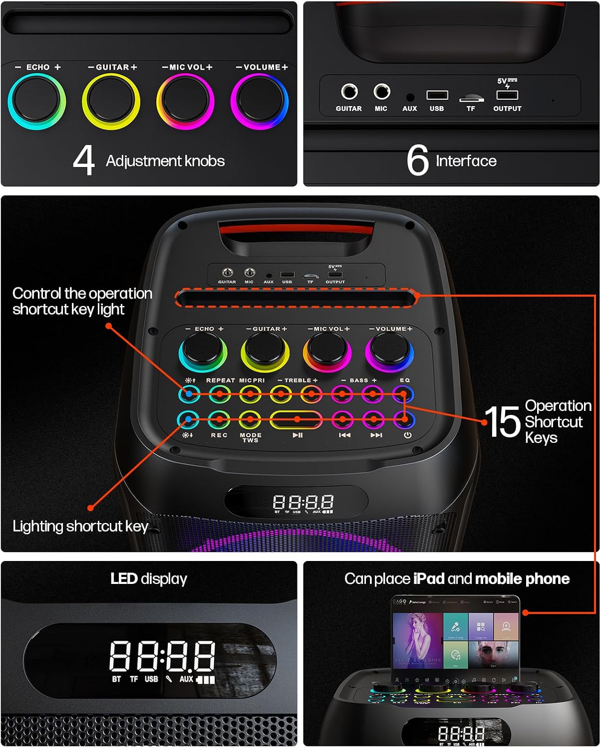 MÁQUINA DE KARAOKE JAPOUCA CON PARLANTE BLUETOOTH PORTÁTIL Y DOBLE WOOFER DE 8 PULGADAS - 4