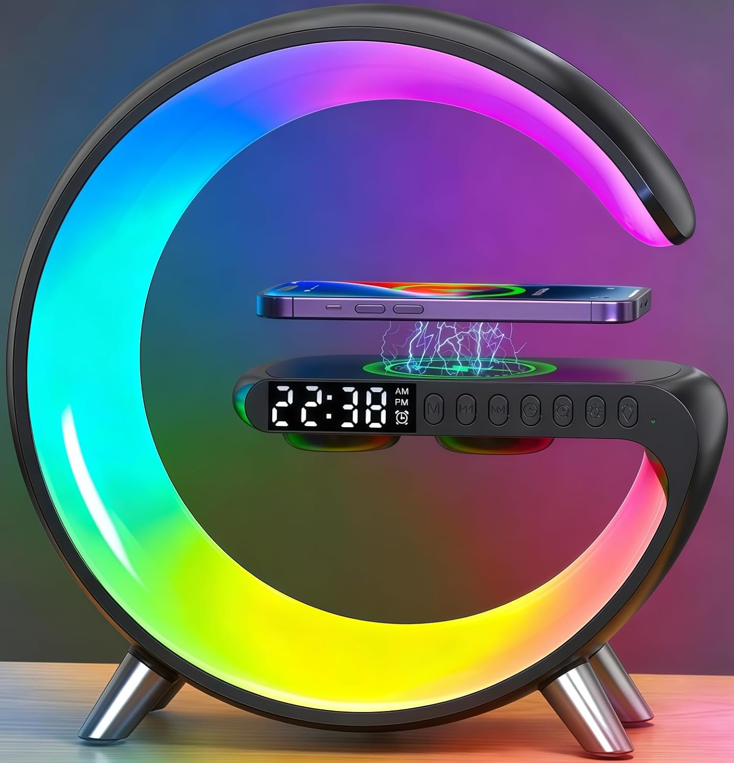LÁMPARA DE MESA ALYNIC G-SHAPE LED RGB CON ALTAVOZ BLUETOOTH, RELOJ ALARMA Y CARGADOR INALÁMBRICO 15W - 1