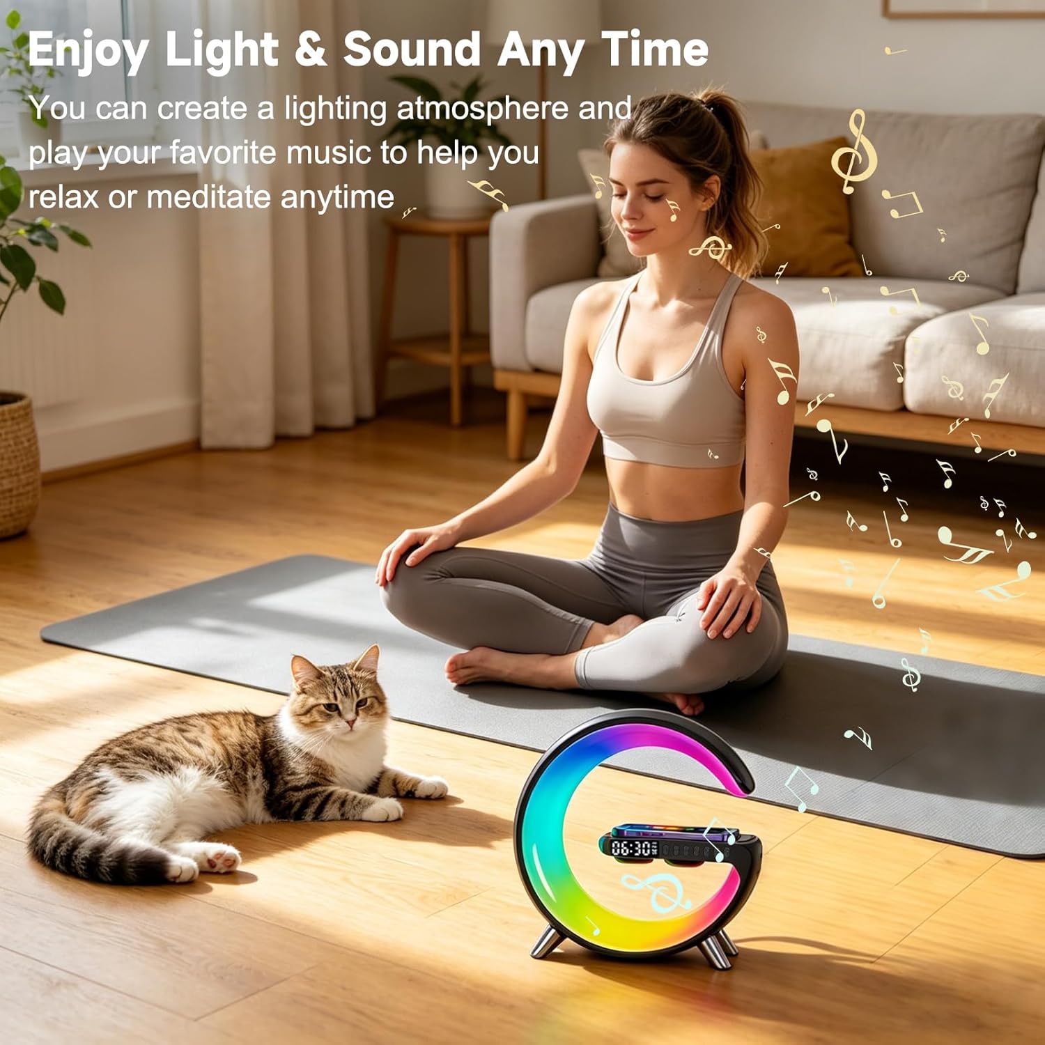 LÁMPARA DE MESA ALYNIC G-SHAPE LED RGB CON ALTAVOZ BLUETOOTH, RELOJ ALARMA Y CARGADOR INALÁMBRICO 15W - 2