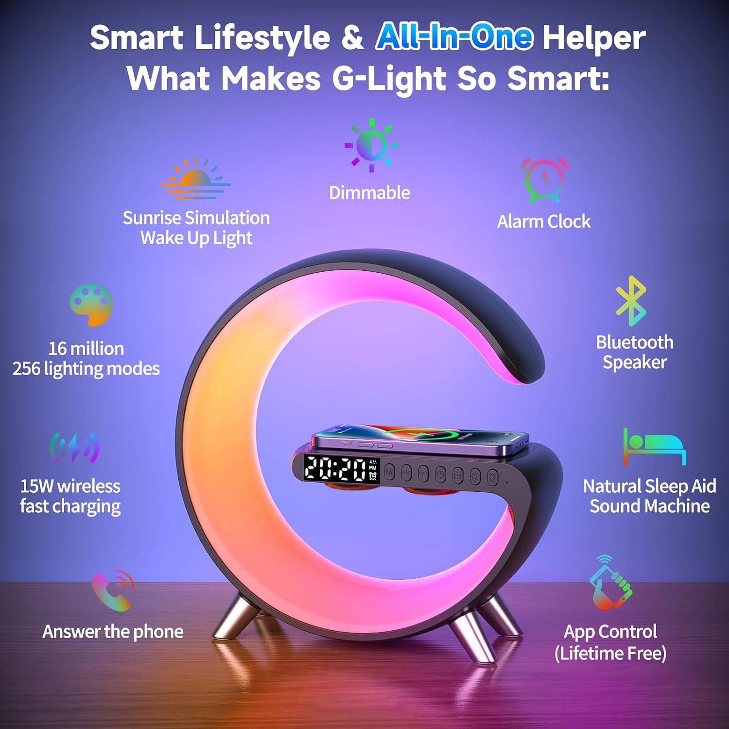 LÁMPARA DE MESA ALYNIC G-SHAPE LED RGB CON ALTAVOZ BLUETOOTH, RELOJ ALARMA Y CARGADOR INALÁMBRICO 15W - 3