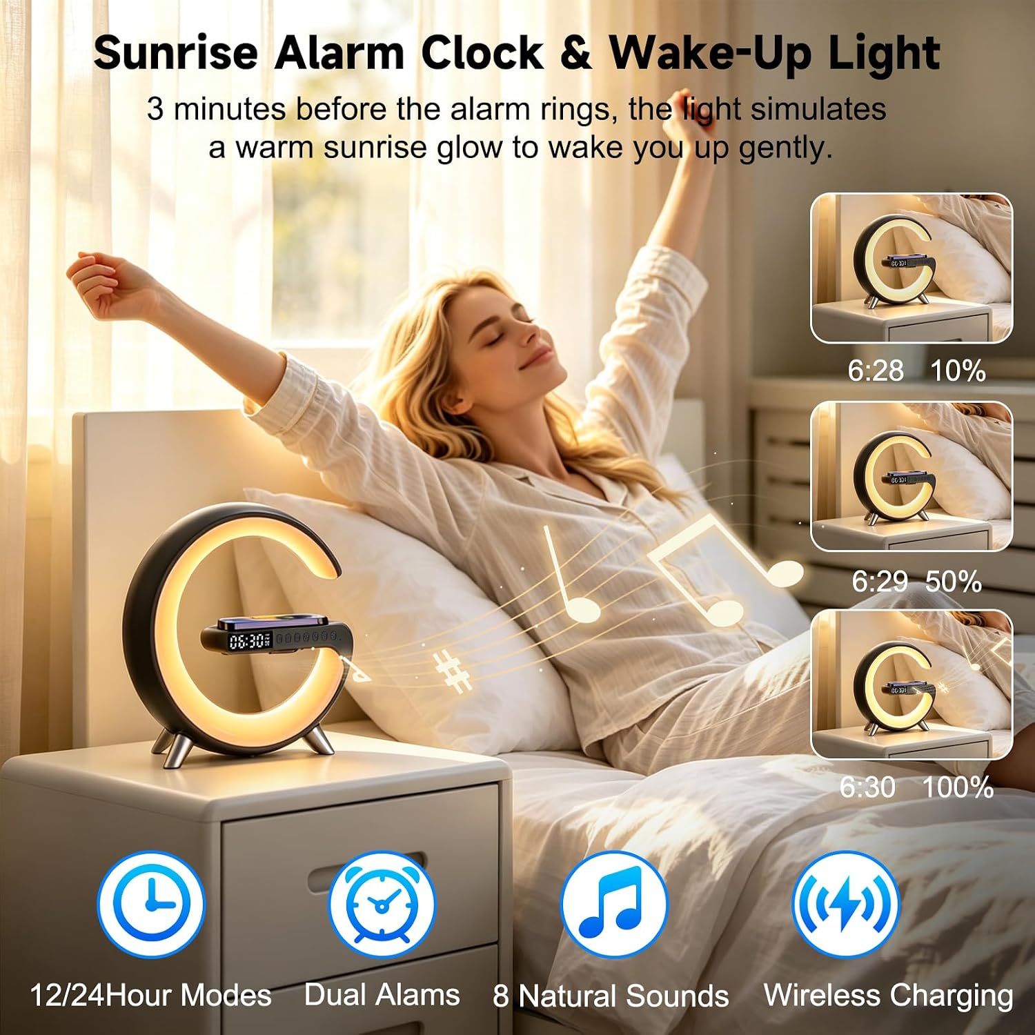 LÁMPARA DE MESA ALYNIC G-SHAPE LED RGB CON ALTAVOZ BLUETOOTH, RELOJ ALARMA Y CARGADOR INALÁMBRICO 15W - 4