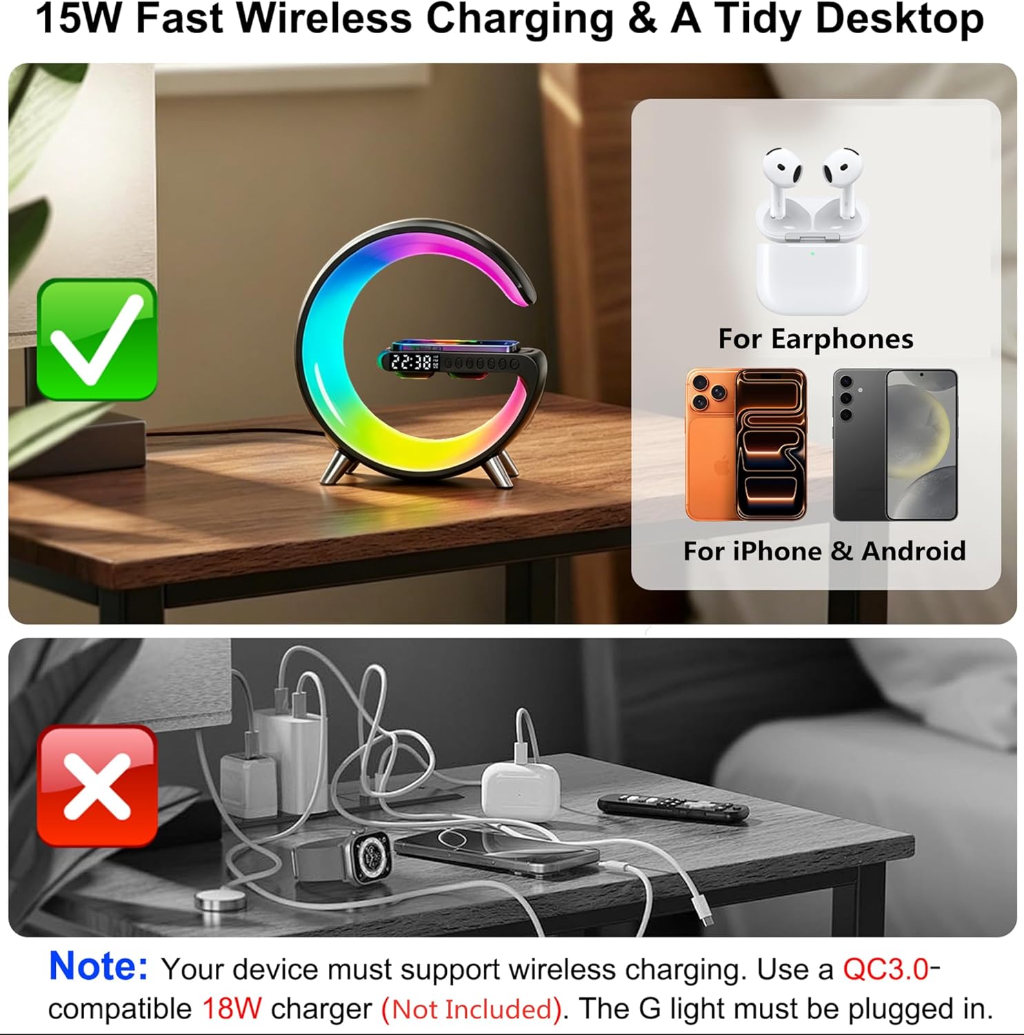 LÁMPARA DE MESA ALYNIC G-SHAPE LED RGB CON ALTAVOZ BLUETOOTH, RELOJ ALARMA Y CARGADOR INALÁMBRICO 15W - 5