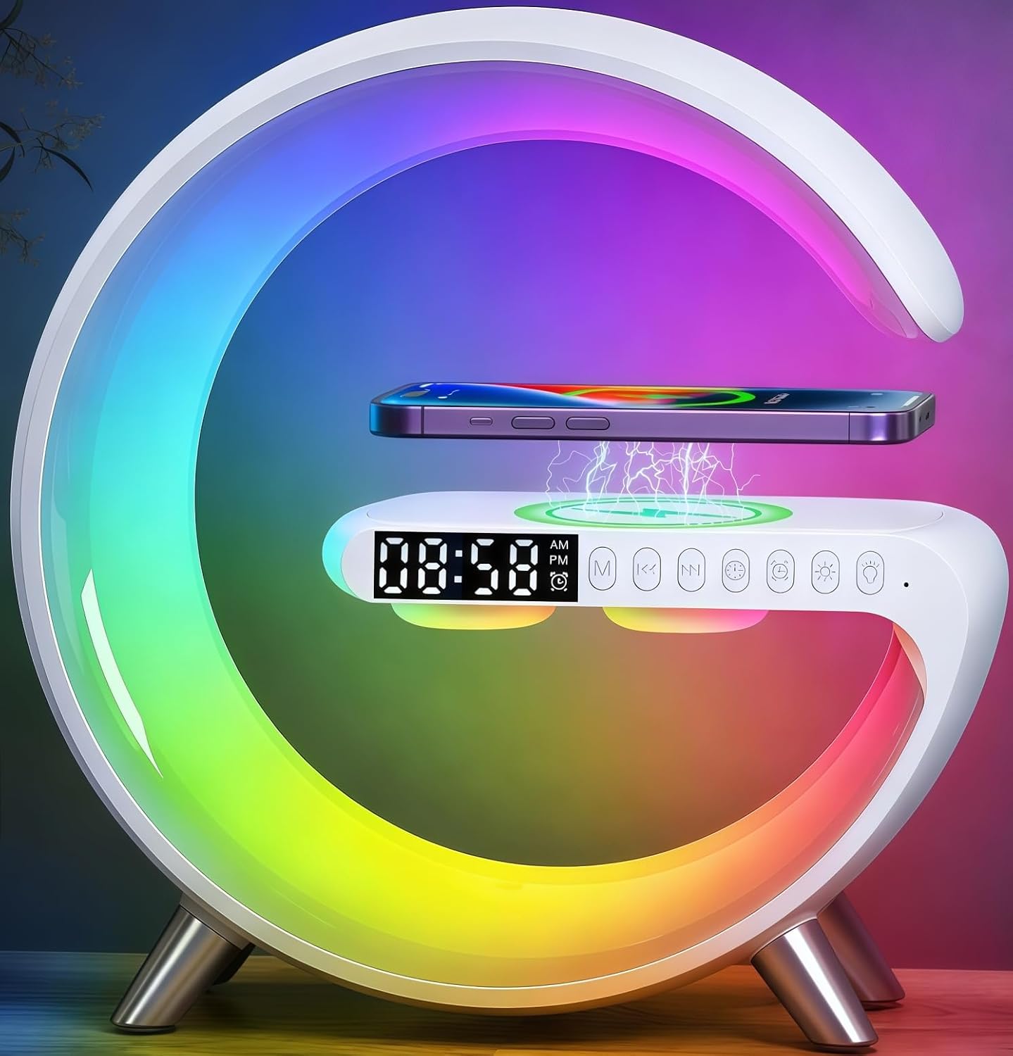 LÁMPARA DE MESA ALYNIC SMART LED 4 EN 1 CON LUZ RGB, RELOJ ALARMA, CARGADOR INALÁMBRICO Y PARLANTE BLUETOOTH - 1