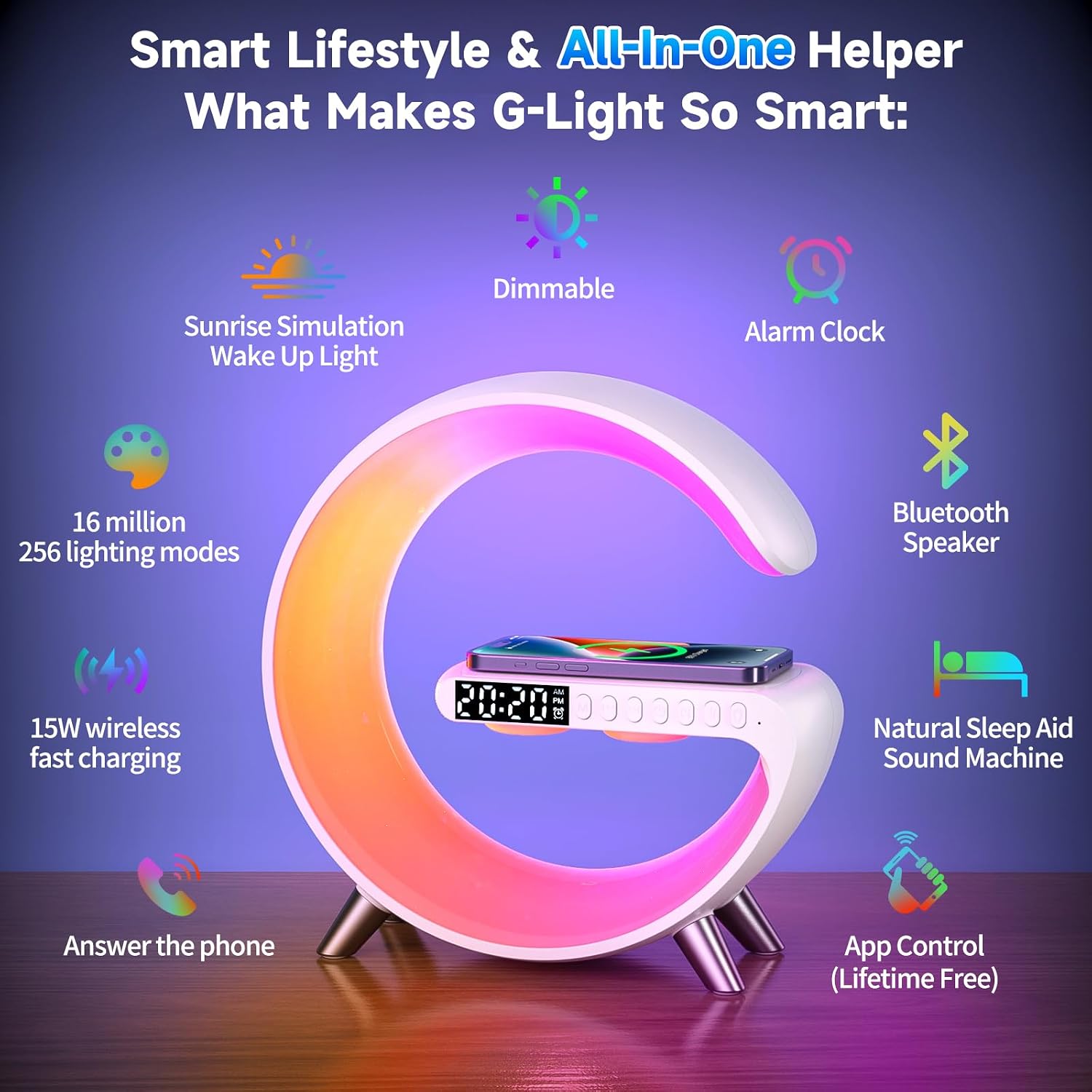 LÁMPARA DE MESA ALYNIC SMART LED 4 EN 1 CON LUZ RGB, RELOJ ALARMA, CARGADOR INALÁMBRICO Y PARLANTE BLUETOOTH - 3
