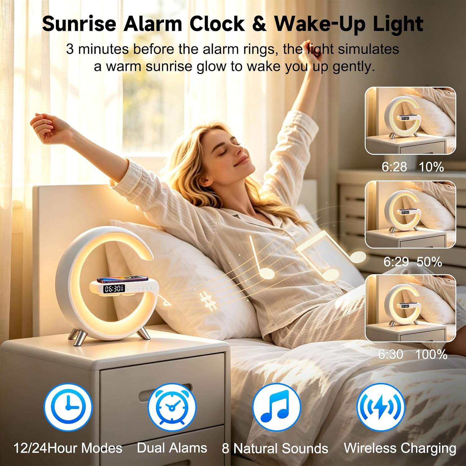 LÁMPARA DE MESA ALYNIC SMART LED 4 EN 1 CON LUZ RGB, RELOJ ALARMA, CARGADOR INALÁMBRICO Y PARLANTE BLUETOOTH - 4