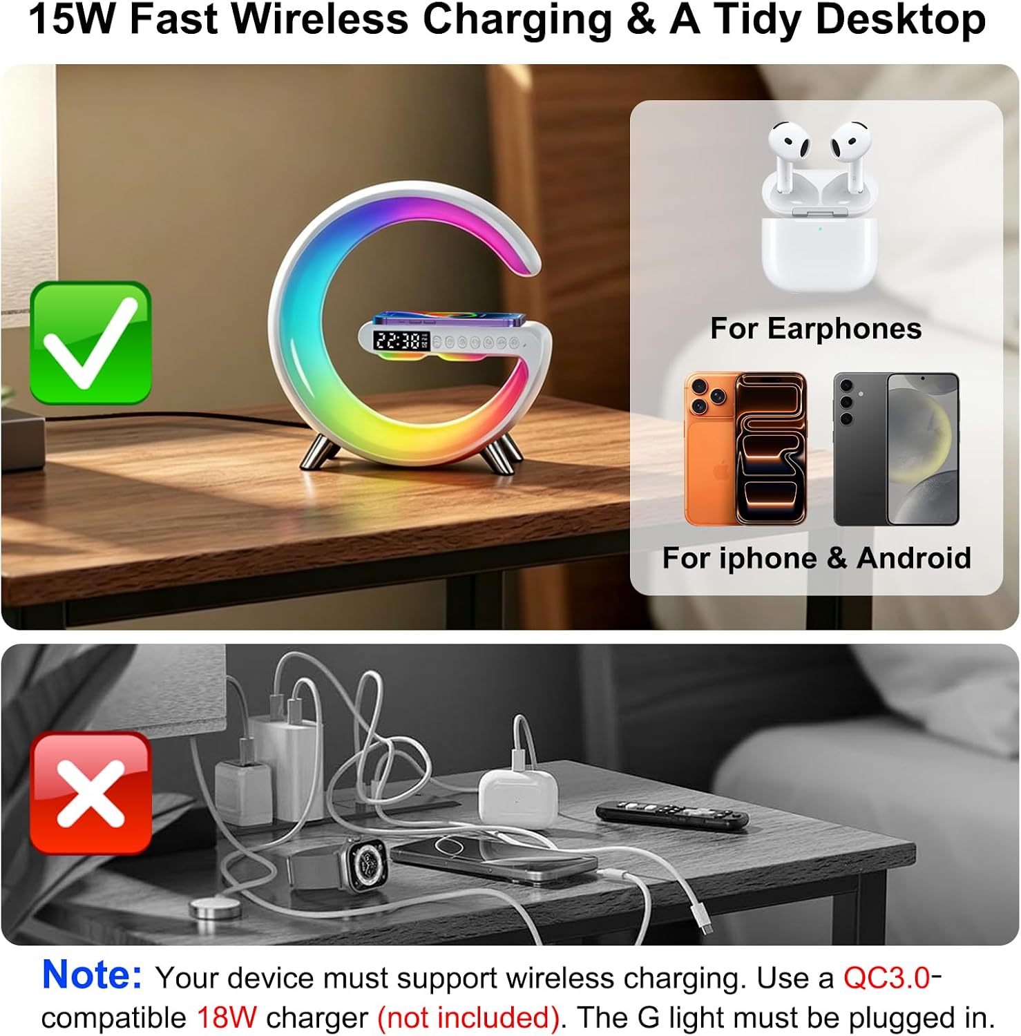 LÁMPARA DE MESA ALYNIC SMART LED 4 EN 1 CON LUZ RGB, RELOJ ALARMA, CARGADOR INALÁMBRICO Y PARLANTE BLUETOOTH - 5
