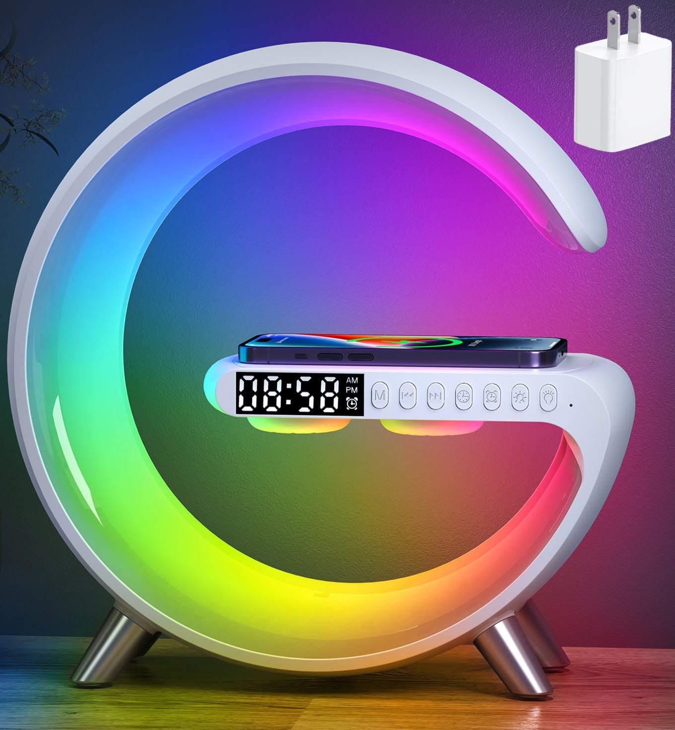 LÁMPARA DE MESA ALYNIC SMART LED CON CARGADOR INALÁMBRICO 15W, ALTAVOZ BLUETOOTH Y RELOJ DESPERTADOR - 1