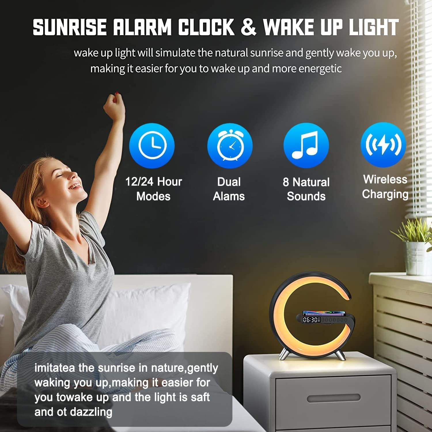 LÁMPARA DE MESA ALYNIC SMART LED CON CARGADOR INALÁMBRICO 15W, ALTAVOZ BLUETOOTH Y RELOJ DESPERTADOR - 3