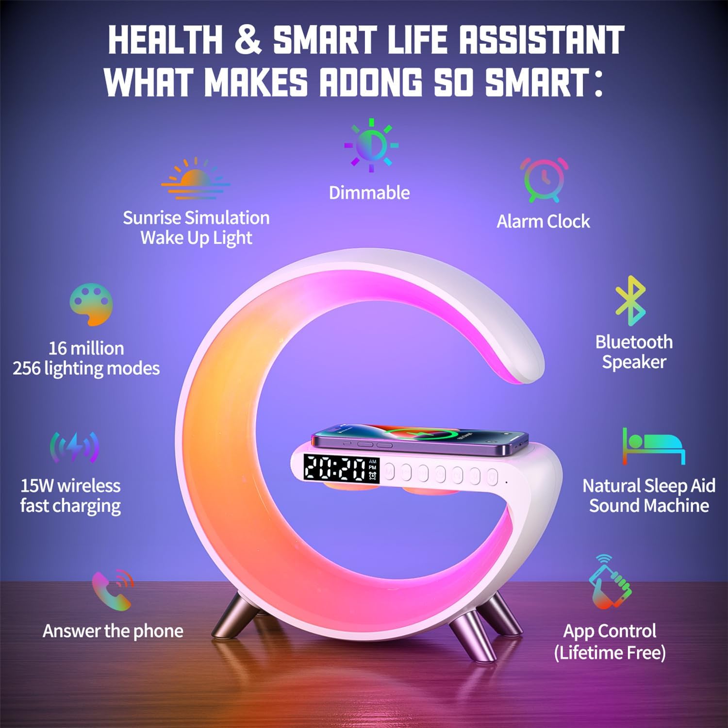 LÁMPARA DE MESA ALYNIC SMART LED CON CARGADOR INALÁMBRICO 15W, ALTAVOZ BLUETOOTH Y RELOJ DESPERTADOR - 4