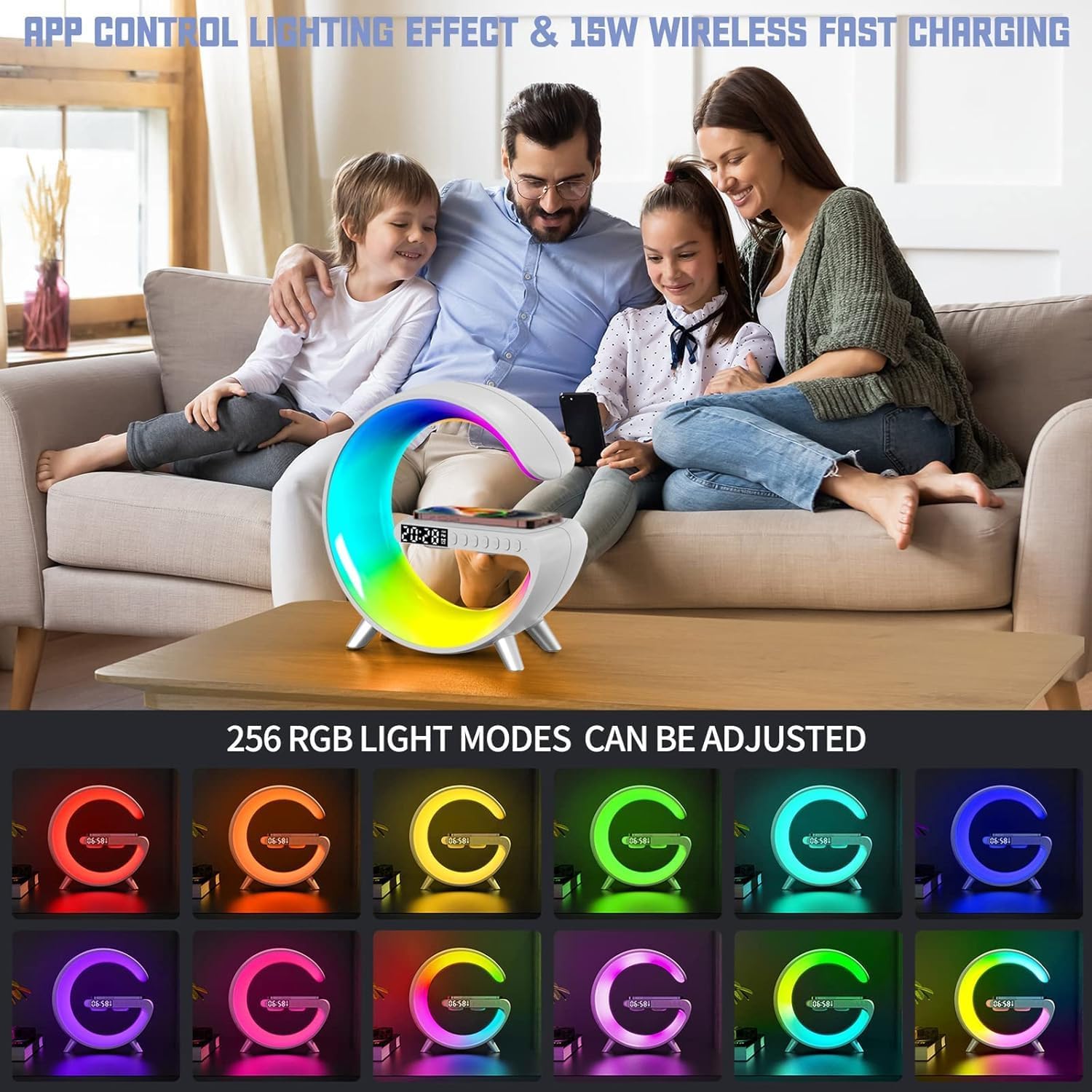 LÁMPARA DE MESA ALYNIC SMART LED CON CARGADOR INALÁMBRICO 15W, ALTAVOZ BLUETOOTH Y RELOJ DESPERTADOR - 5