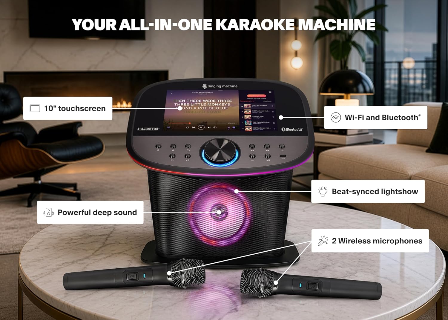 MÁQUINA DE KARAOKE SINGING MACHINE CON PANTALLA TÁCTIL, WIFI Y 2 MICRÓFONOS INALÁMBRICOS - 2