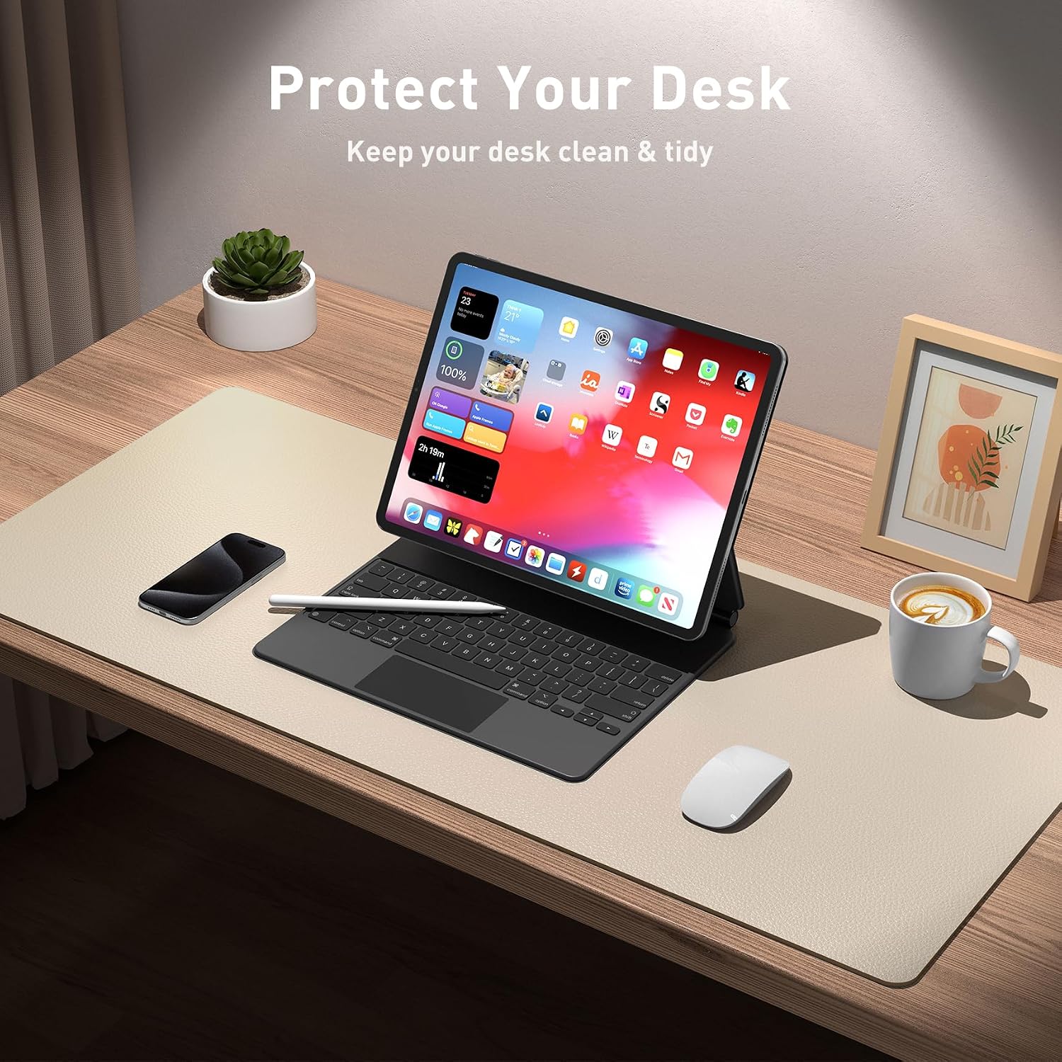 PROTECTOR DE ESCRITORIO AOTHIA PU CUERO IMPERMEABLE BEIGE 60X35 CM - 4