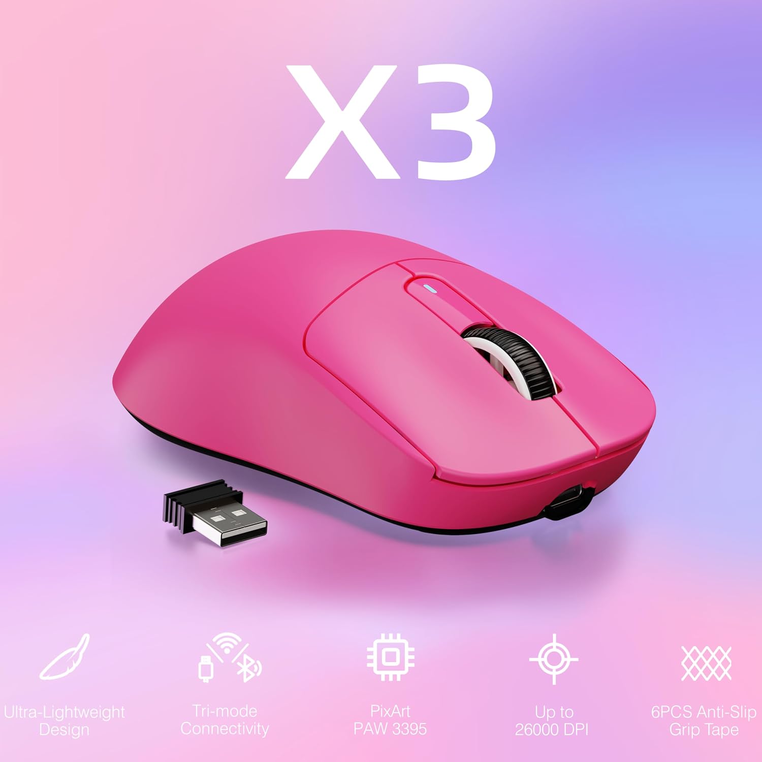 MOUSE GAMER ATTACK SHARK X3 INALÁMBRICO LIVIANO 26K DPI BLUETOOTH USB-C ROJO - 2