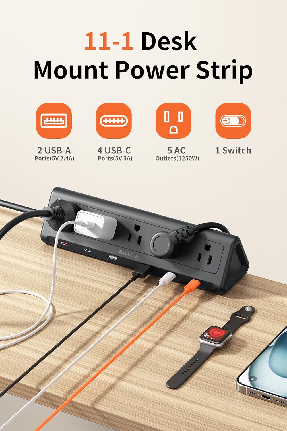REGLETA CON ABRAZADERA ANNTANE DESK CLAMP 11 EN 1 USB-C 40W 2 M NEGRA - 2