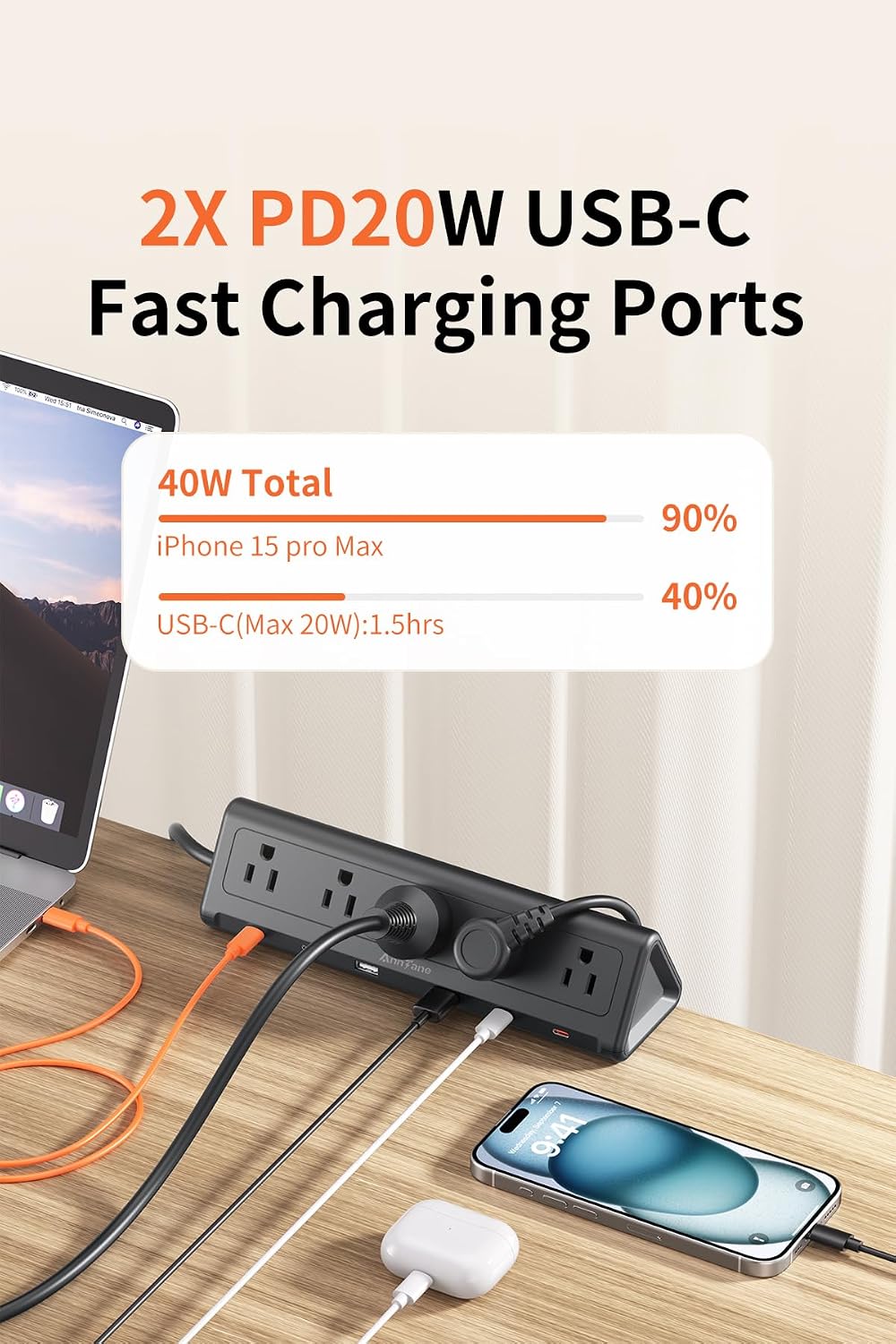 REGLETA CON ABRAZADERA ANNTANE DESK CLAMP 11 EN 1 USB-C 40W 2 M NEGRA - 5