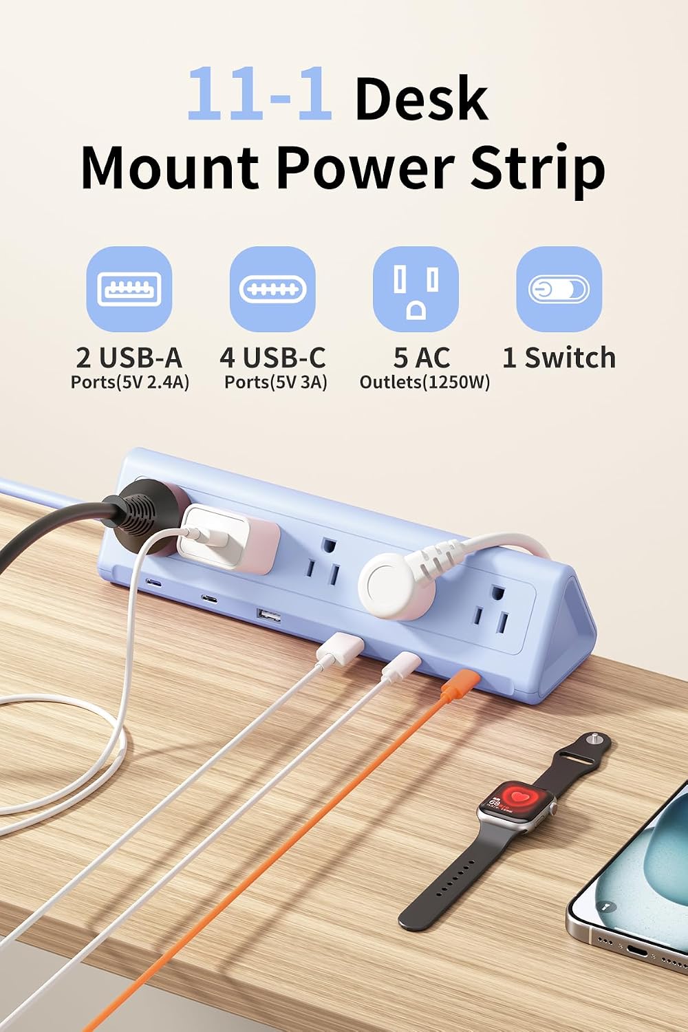 REGLETA CON ABRAZADERA ANNTANE USB-C 40W CARGA RÁPIDA 2 M AZUL - 3