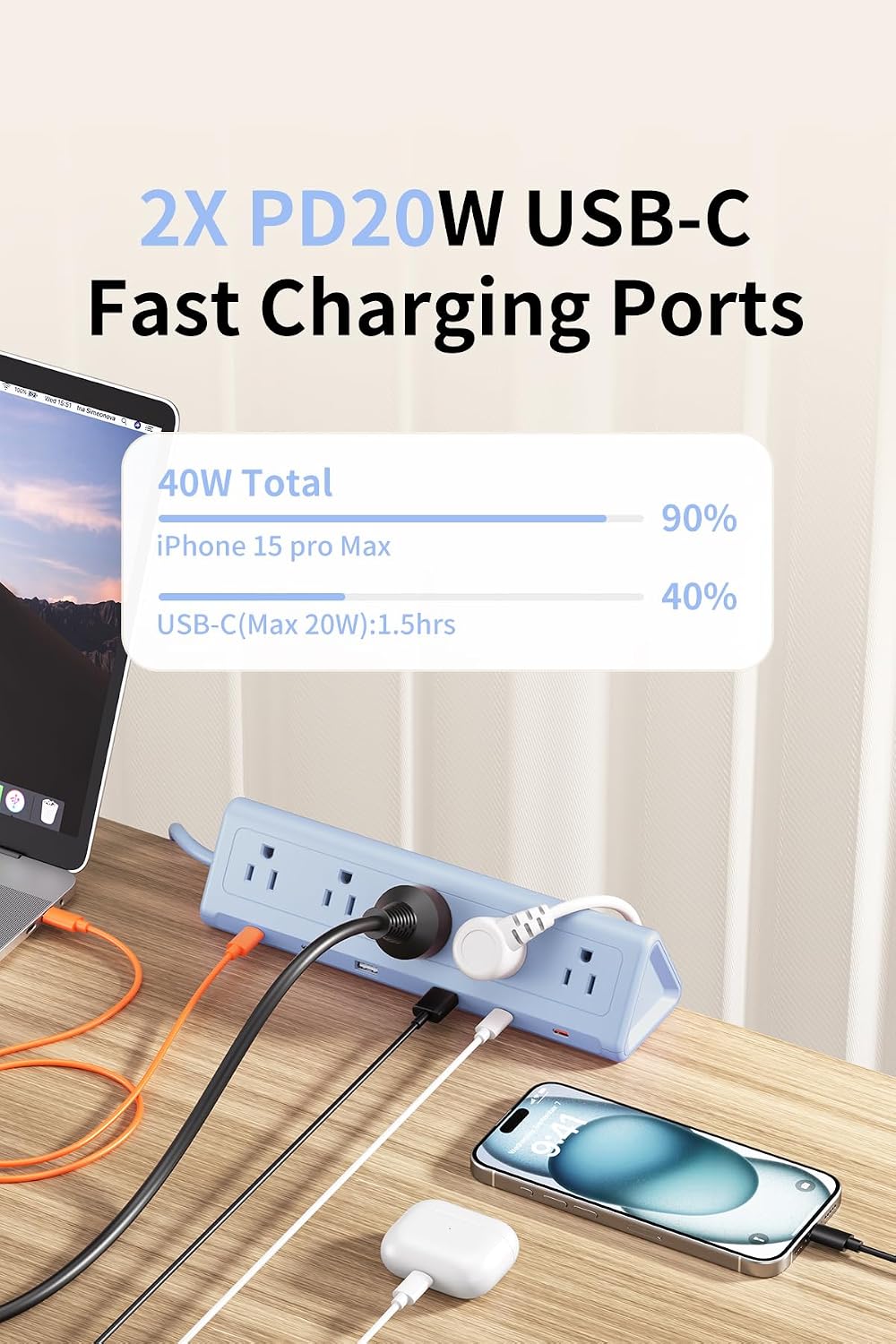 REGLETA CON ABRAZADERA ANNTANE USB-C 40W CARGA RÁPIDA 2 M AZUL - 4