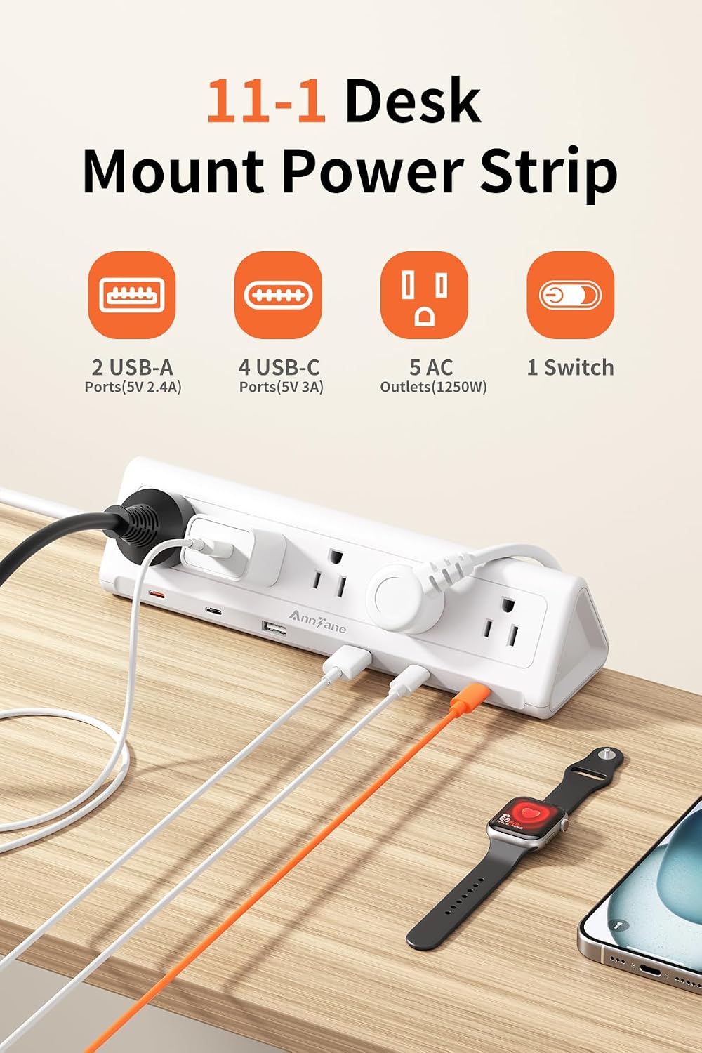 REGLETA CON ABRAZADERA ANNTANE DESK CLAMP 11 EN 1 USB-C 40W 2 M BLANCO - 2