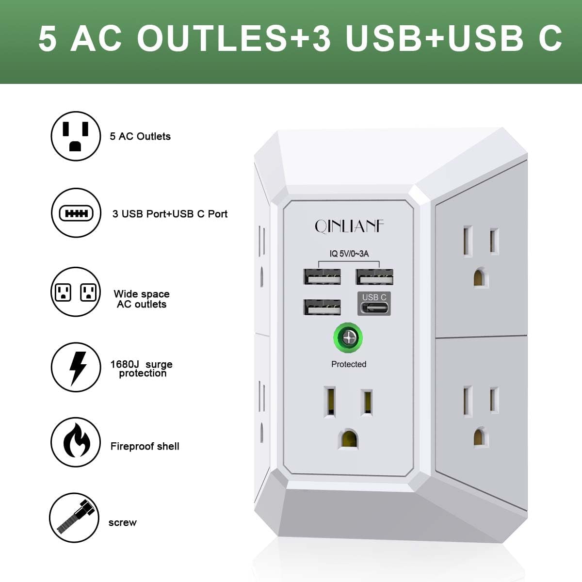 PROTECTOR DE SOBRETENSIÓN QINLIANF CON 5 TOMACORRIENTES Y 4 PUERTOS USB - 2