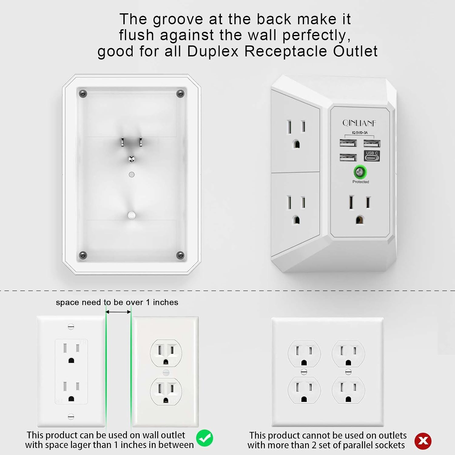 PROTECTOR DE SOBRETENSIÓN QINLIANF CON 5 TOMACORRIENTES Y 4 PUERTOS USB - 3