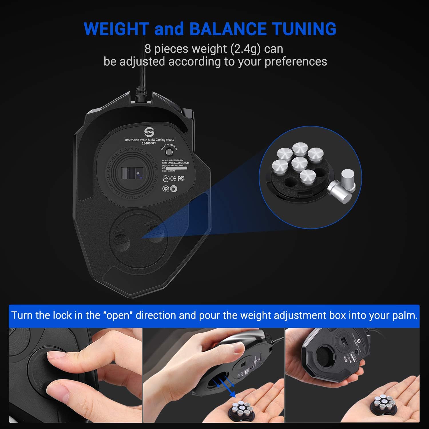 MOUSE GAMER UTECHSMART VENUS PRO CABLEADO 16400 DPI RGB - 3