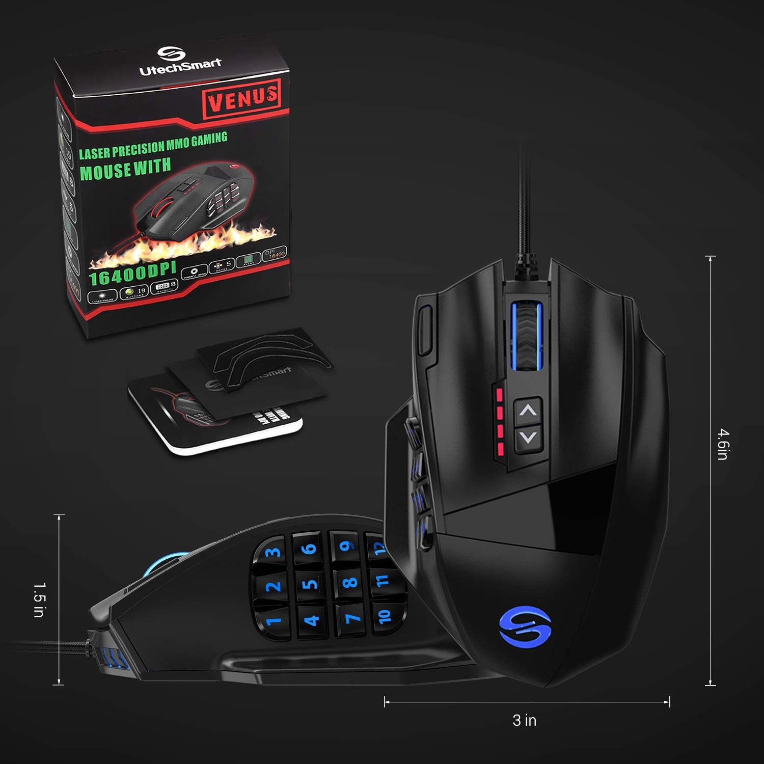 MOUSE GAMER UTECHSMART VENUS PRO CABLEADO 16400 DPI RGB - 5