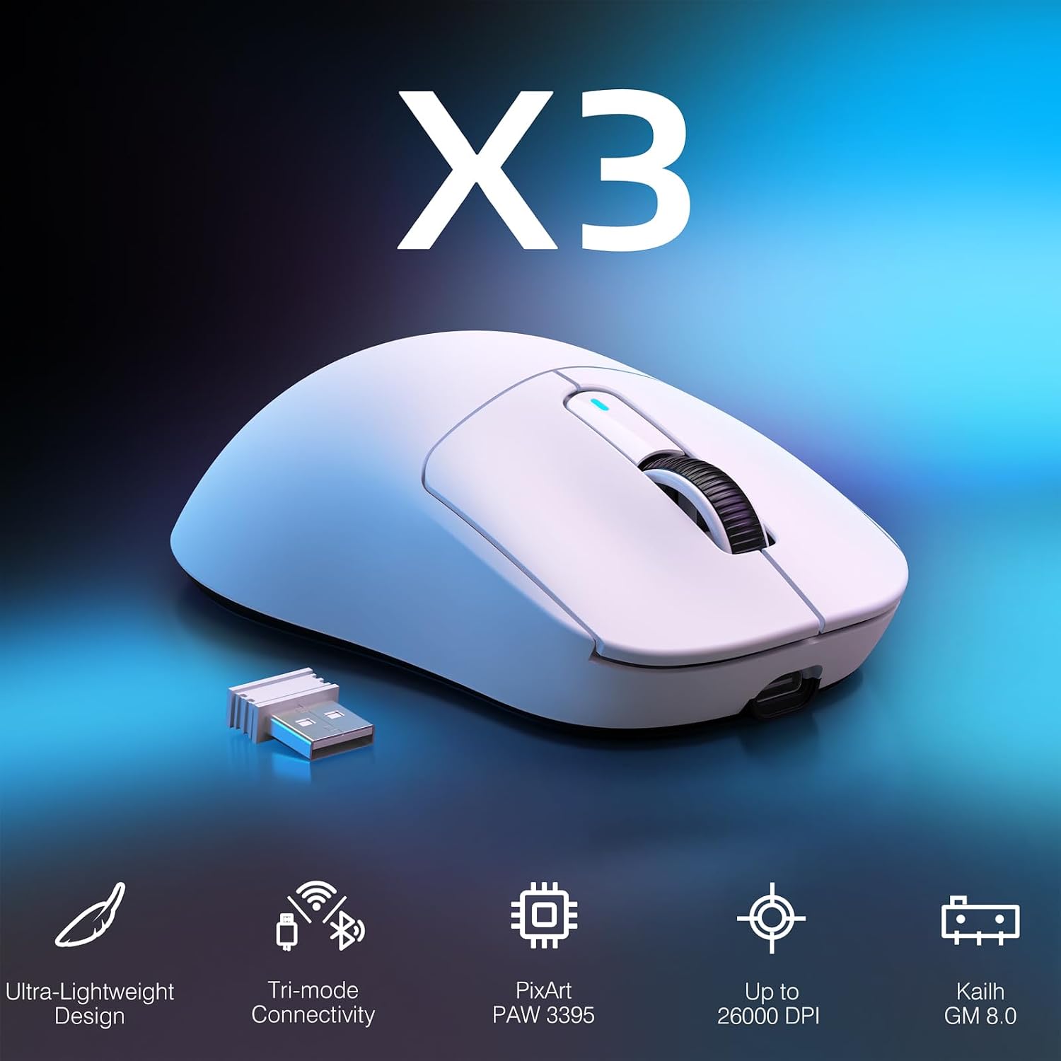 MOUSE GAMER ATTACK SHARK X3 INALÁMBRICO LIGERO 26K DPI BLANCO - 2