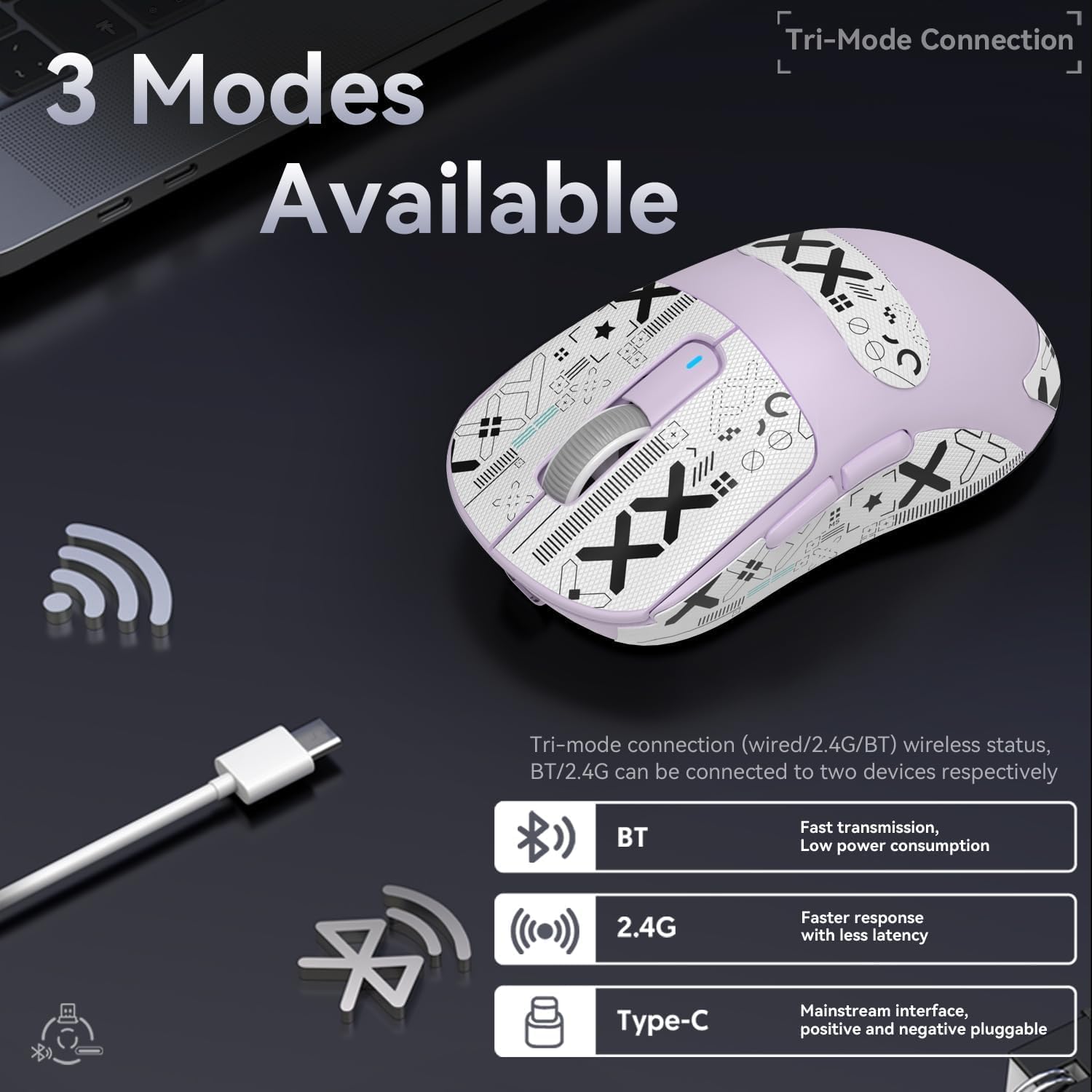 MOUSE GAMER MANBASNAKE ATTACK SHARK X3 49G INALÁMBRICO MORADO - 4