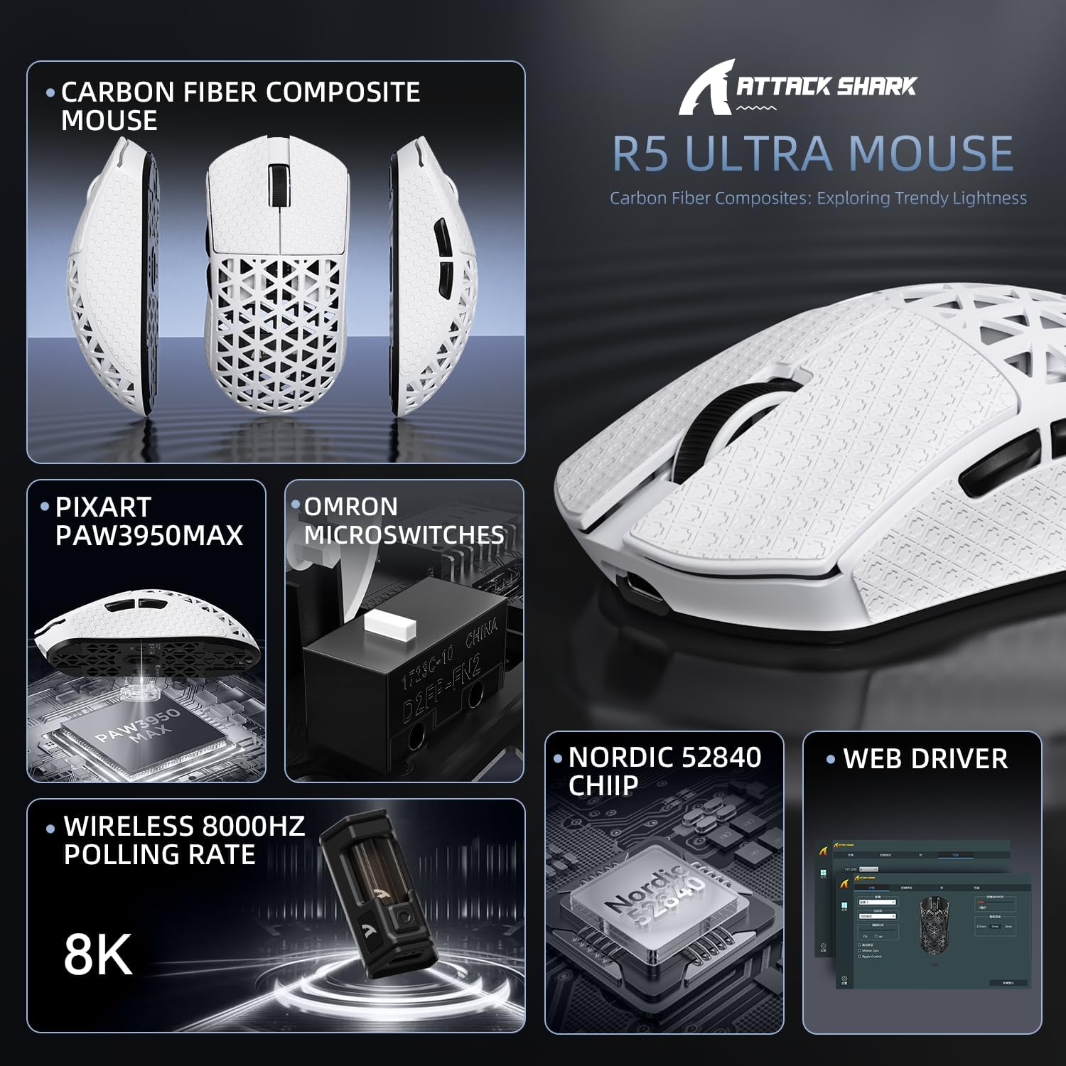 MOUSE GAMER ATTACK SHARK R5 ULTRA 8K FIBRA DE CARBONO INALÁMBRICO BLANCO - 3