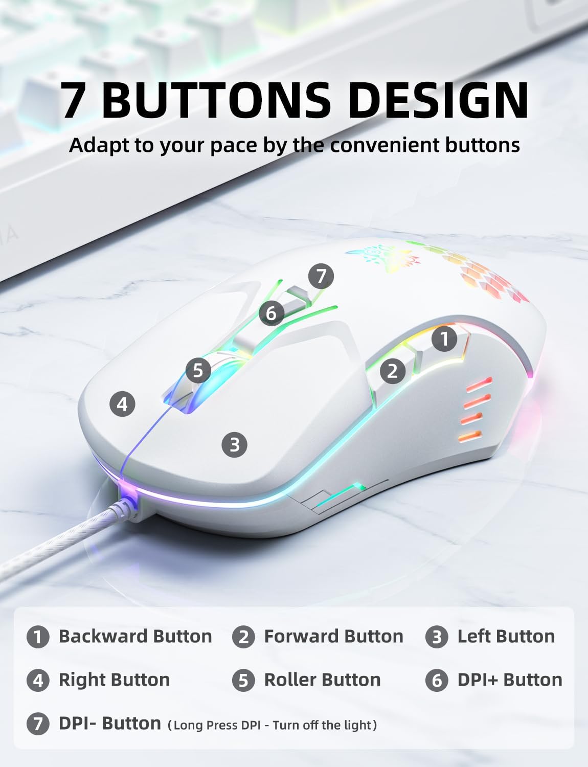 MOUSE GAMER ONIKUMA M530 BLANCO CON SENSOR PMW3389 Y 7 BOTONES PROGRAMABLES - 4