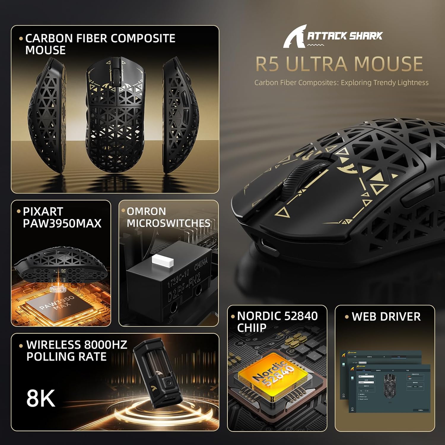 MOUSE GAMER ATTACK SHARK R5 ULTRA 8K CARBON FIBER INALÁMBRICO NEGRO - 3