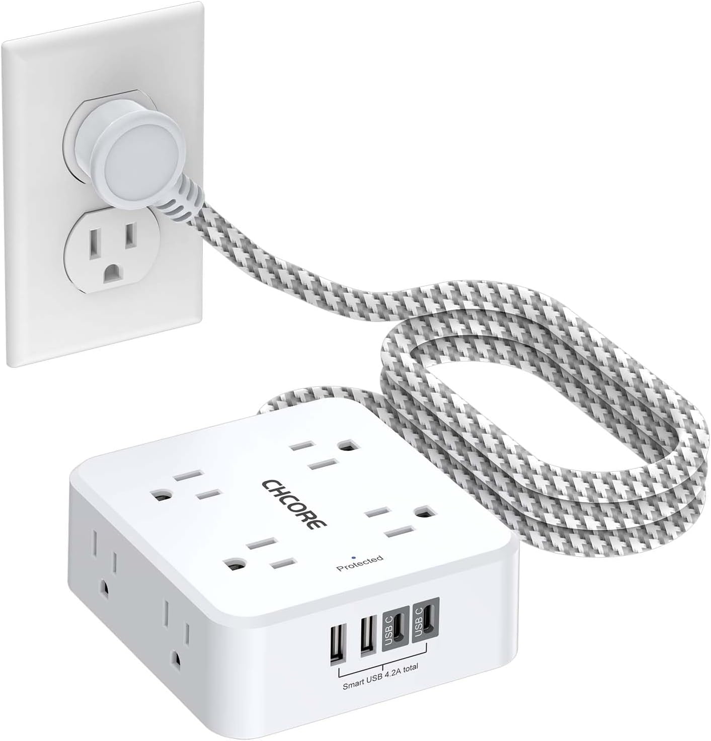 REGLETA CON PROTECTOR DE SOBRETENSIÓN CHCORE 5 PIES CON 8 TOMACORRIENTES Y 4 PUERTOS USB (2 USB C) BLANCA - 1