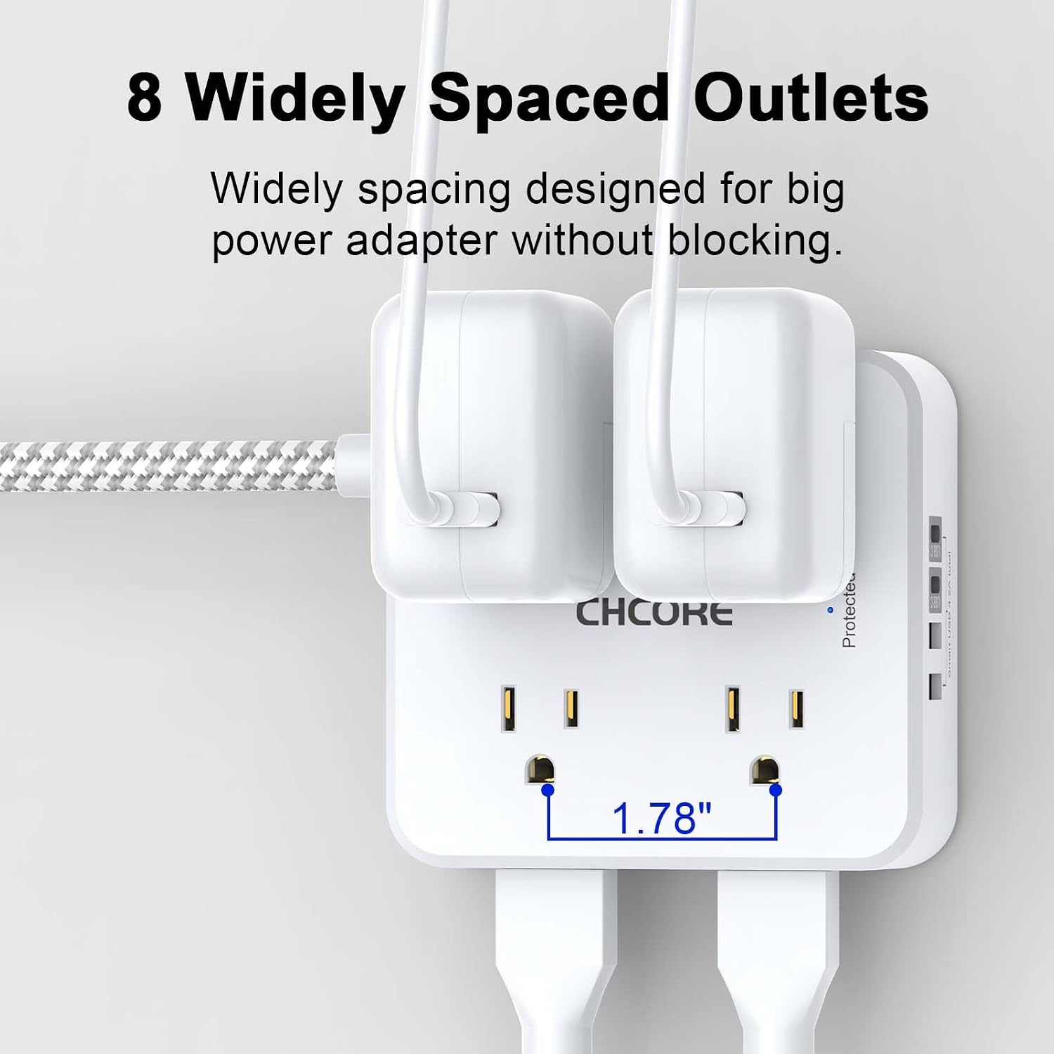 REGLETA CON PROTECTOR DE SOBRETENSIÓN CHCORE 5 PIES CON 8 TOMACORRIENTES Y 4 PUERTOS USB (2 USB C) BLANCA - 4