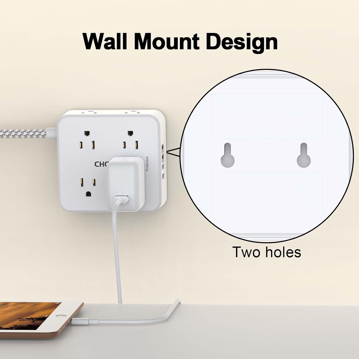 REGLETA CON PROTECTOR DE SOBRETENSIÓN CHCORE 5 PIES CON 8 TOMACORRIENTES Y 4 PUERTOS USB (2 USB C) BLANCA - 5