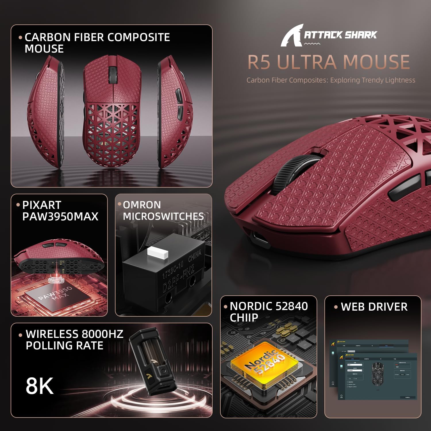 MOUSE GAMER ATTACK SHARK R5 ULTRA 8K CARBON FIBER INALÁMBRICO ROJO - 3