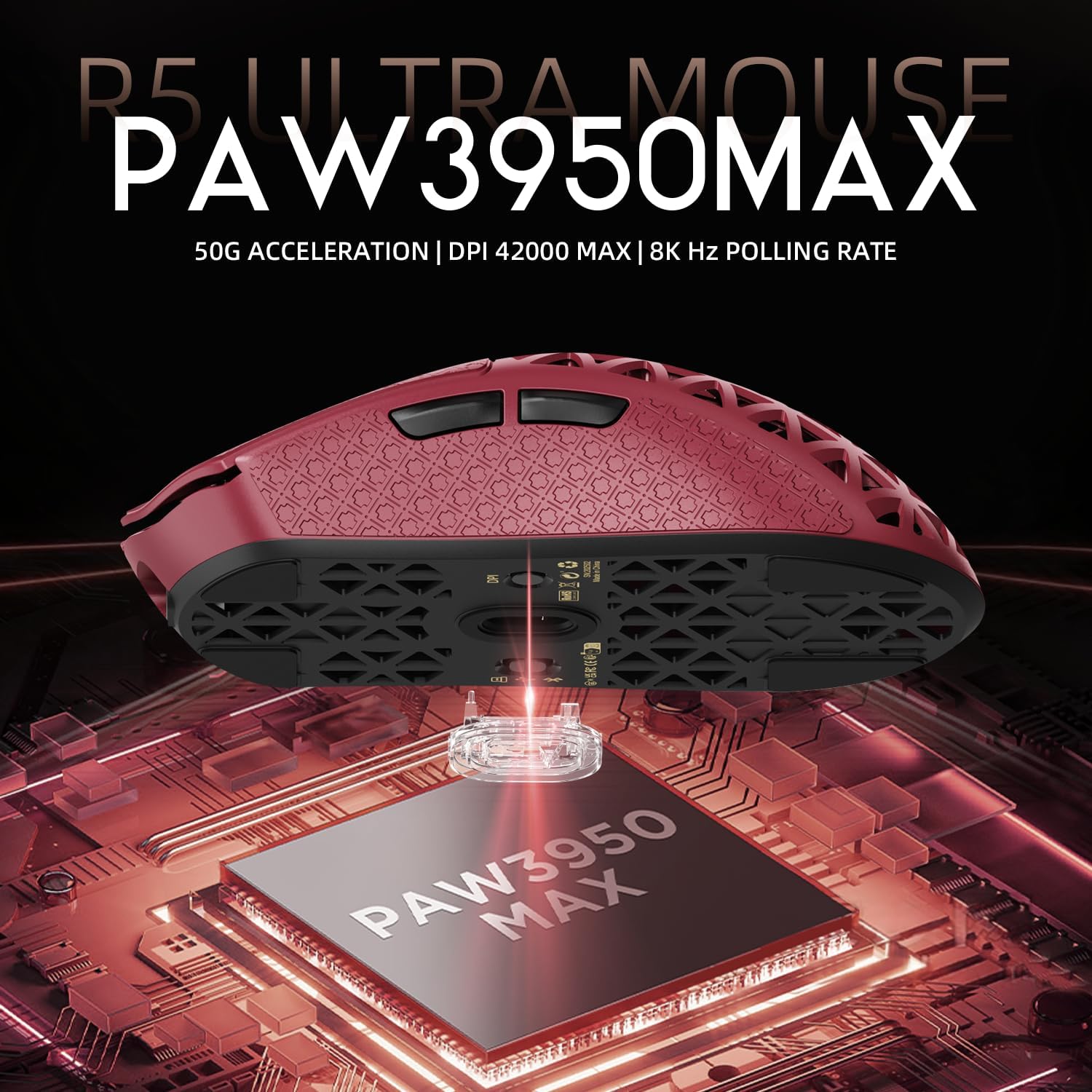 MOUSE GAMER ATTACK SHARK R5 ULTRA 8K CARBON FIBER INALÁMBRICO ROJO - 4