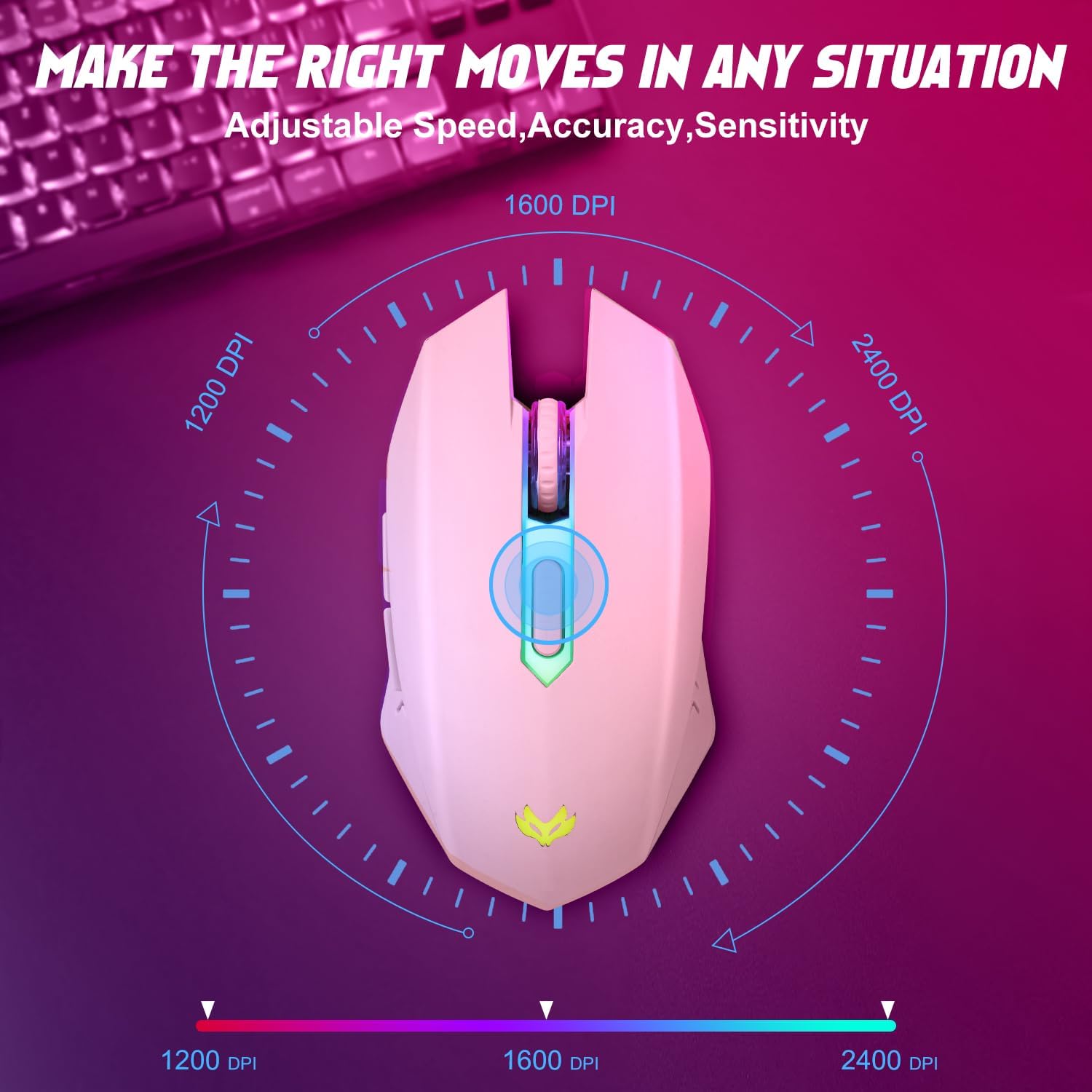 MOUSE GAMER INALÁMBRICO LULABBOARD RECARGABLE 2400 DPI ROSA - 2