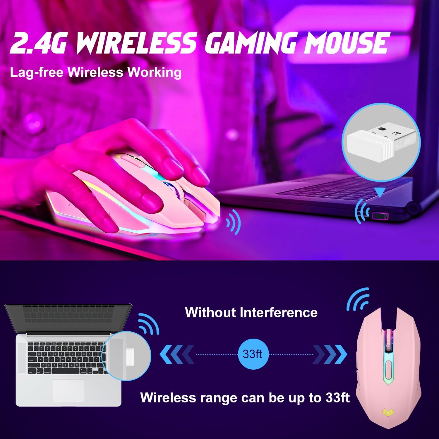 MOUSE GAMER INALÁMBRICO LULABBOARD RECARGABLE 2400 DPI ROSA - 4