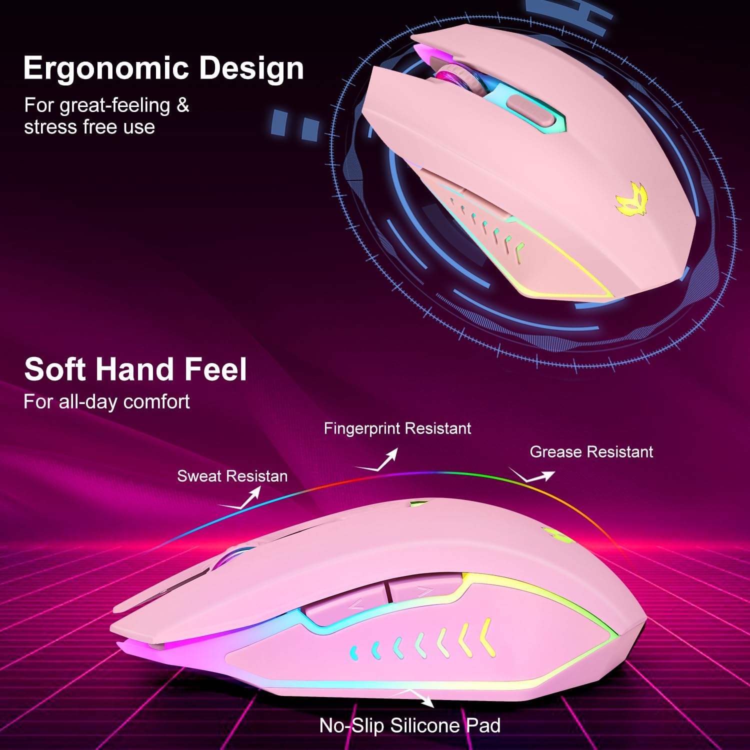 MOUSE GAMER INALÁMBRICO LULABBOARD RECARGABLE 2400 DPI ROSA - 5