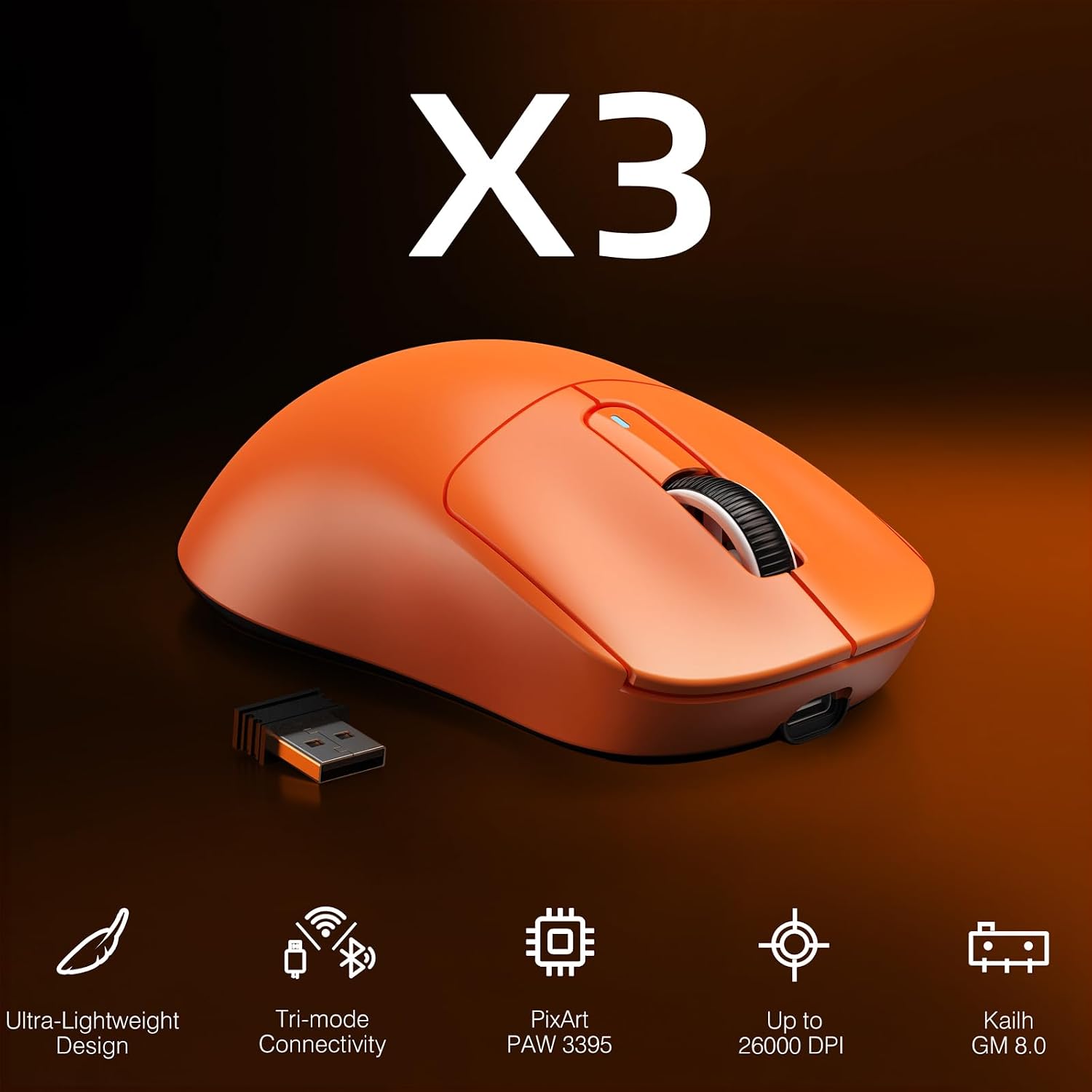 MOUSE GAMER ATTACK SHARK X3 INALÁMBRICO LIGERO 26000 DPI NARANJA - 2
